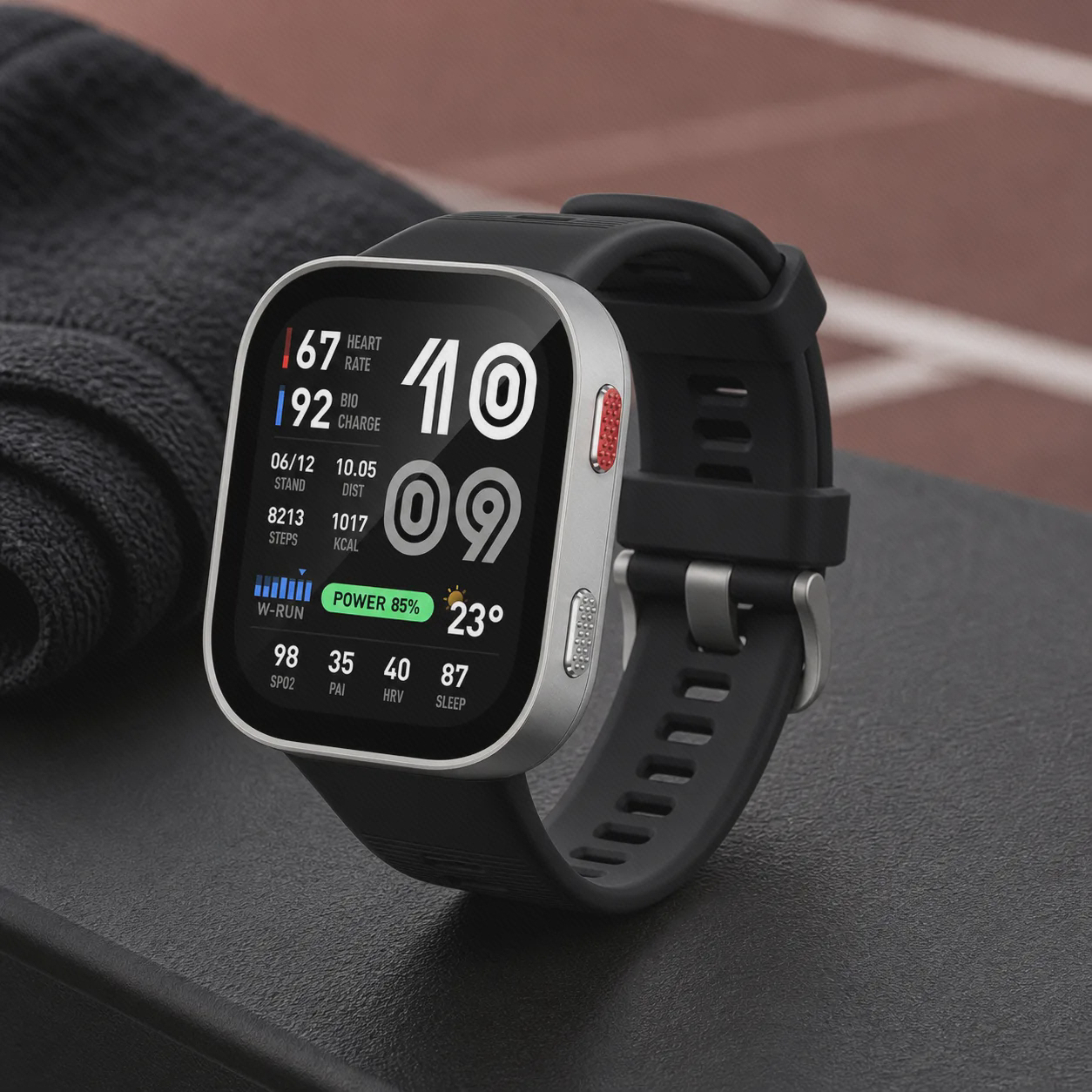 ساعت هوشمند Amazfit Bip Max با قاب نقره‌ای و بند مشکی روی نیمکت تمرین