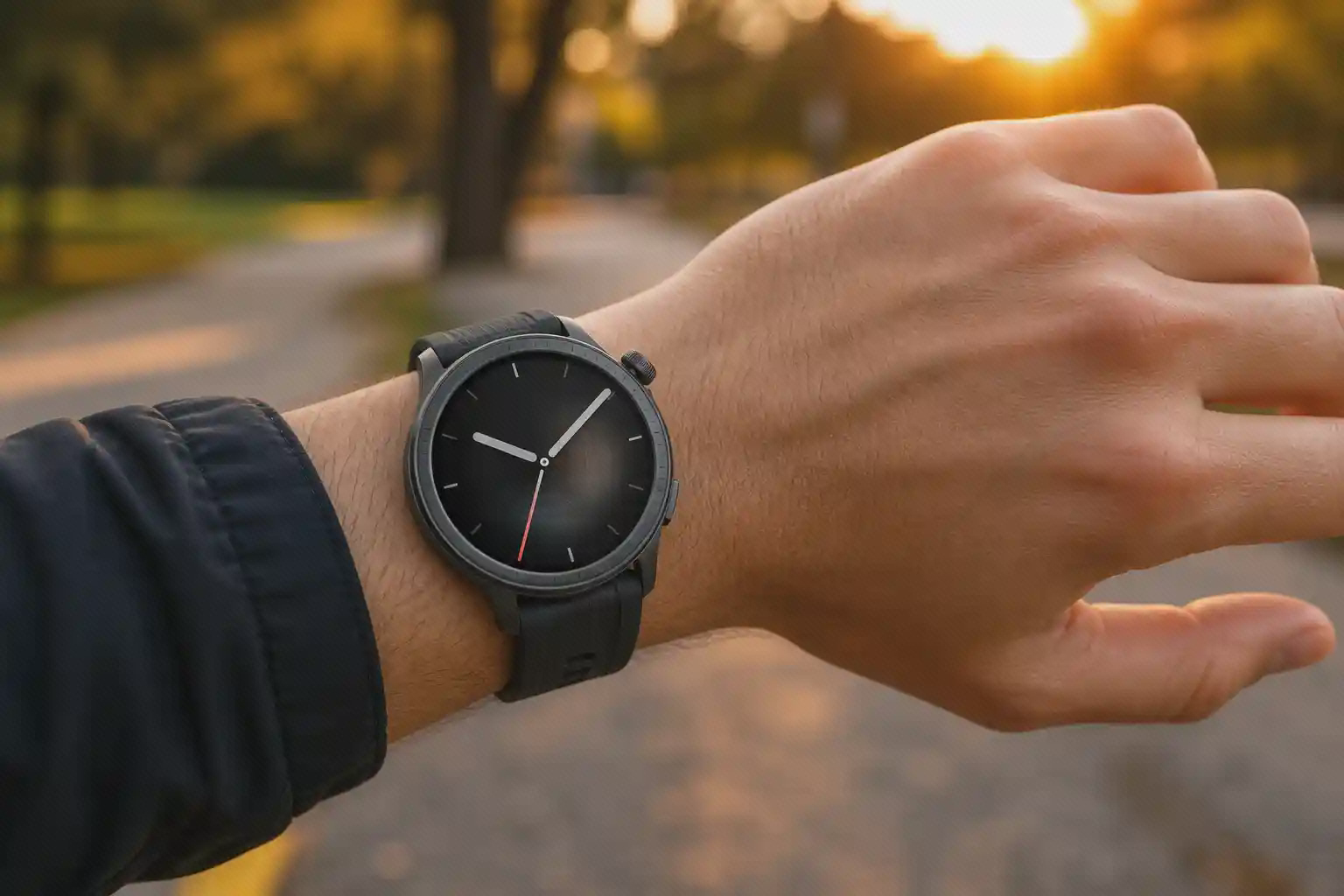 ساعت هوشمند امیزفیت Amazfit Balance مشکی روی مچ هنگام پیاده‌روی