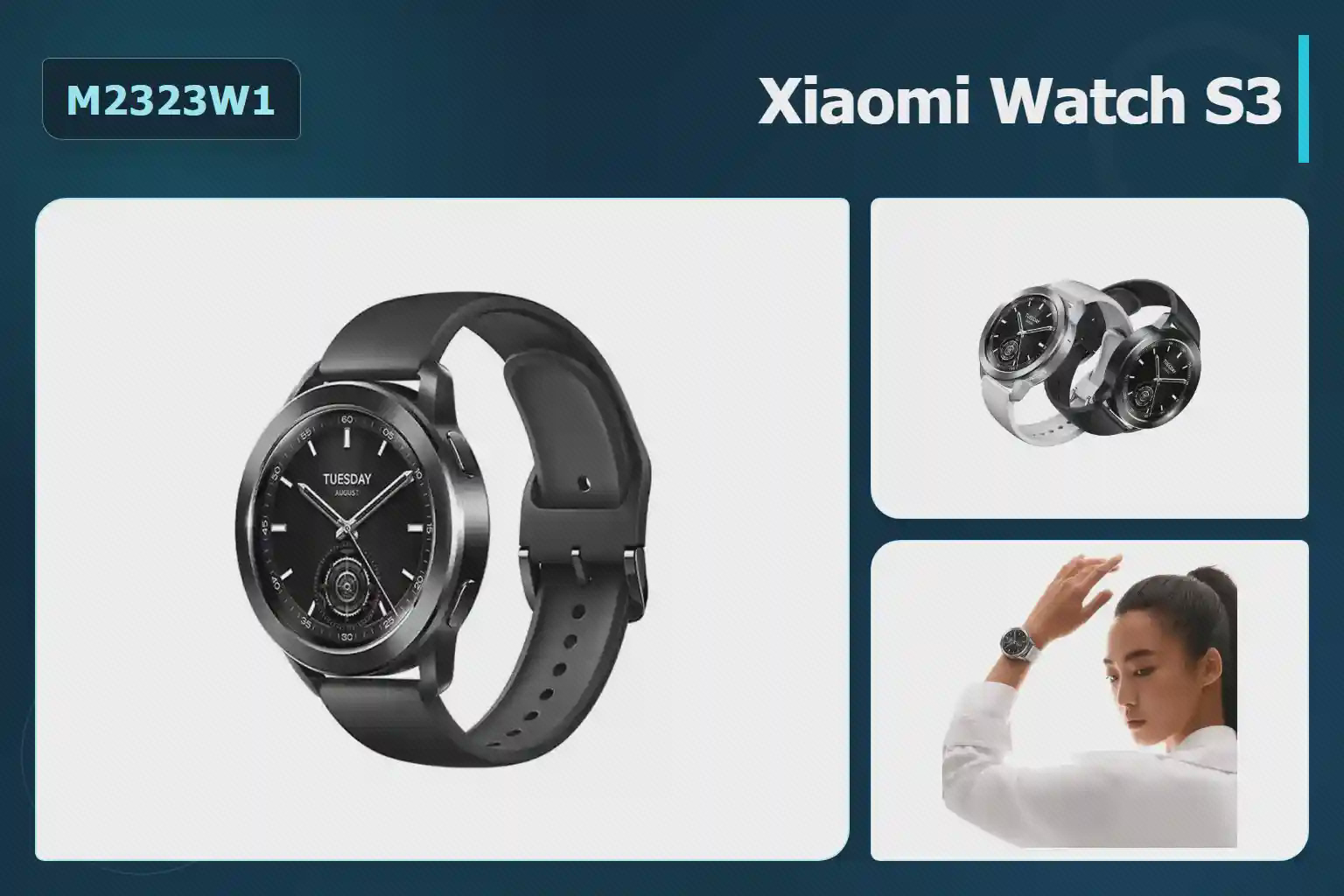 Xiaomi Watch S3 مدل M2323W1 در نمای مشکی، رنگ‌های رسمی و حالت استفاده روی مچ