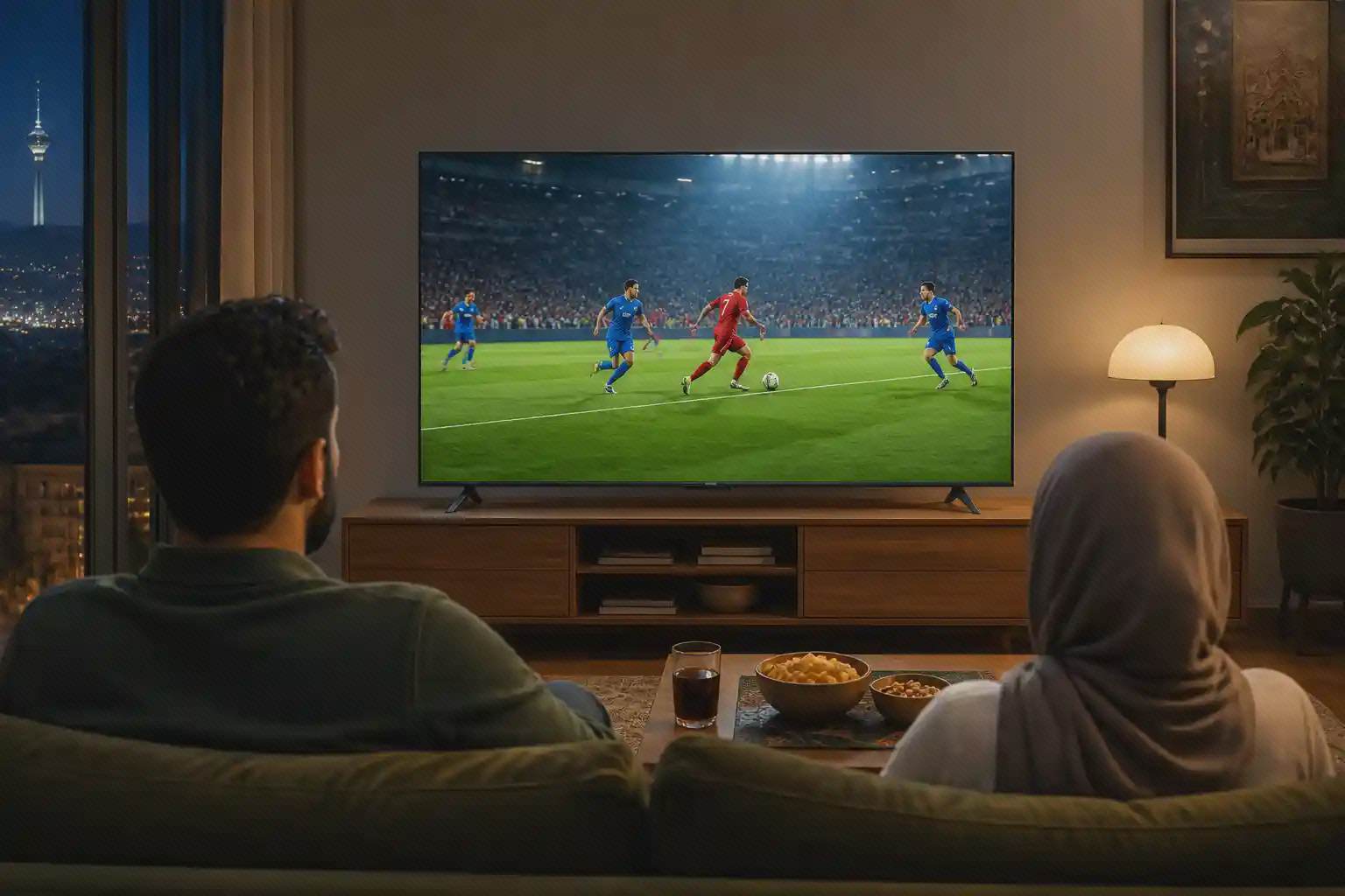 تماشای مسابقه فوتبال با تلویزیون شیائومی S Mini LED 55 2025 در اتاق نشیمن