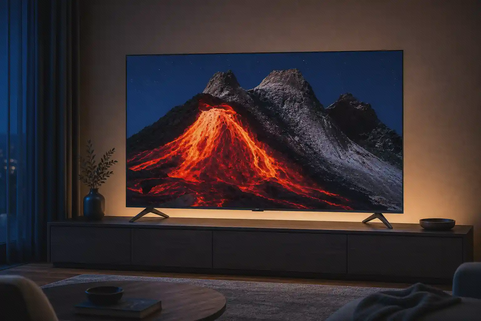 تلویزیون ۶۵ اینچ Xiaomi TV A Pro 2026 سالم روی دو پایه در فضای سینمای خانگی شبانه
