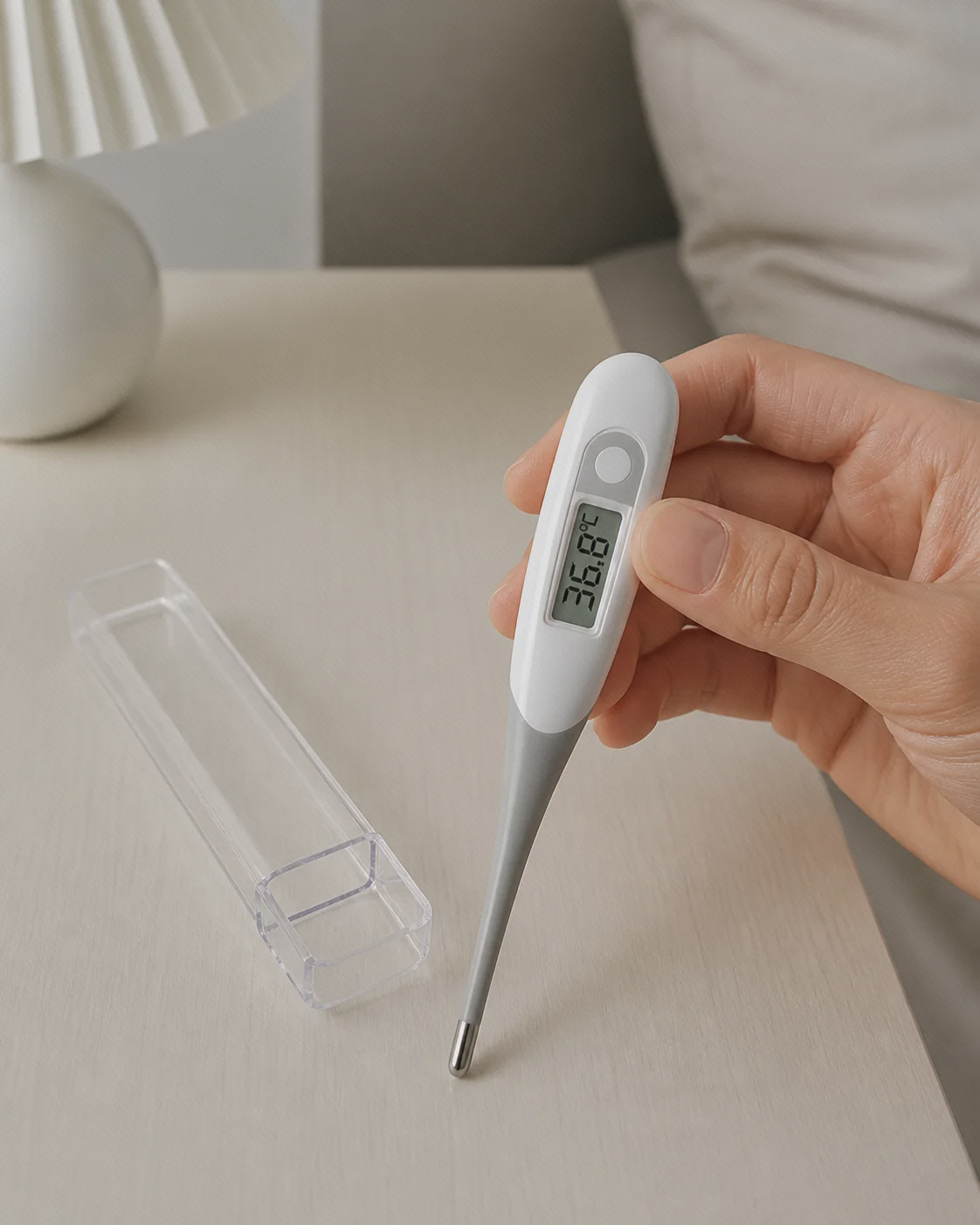 تب‌سنج دیجیتال تماسی Andon DT-111B سفید و خاکستری در دست کنار قاب شفاف