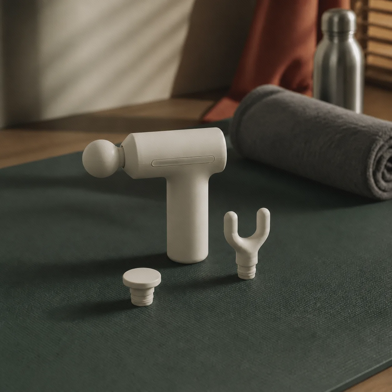 ماساژور کرم Mijia Mini Massage Gun 3 همراه سه سری روی زیرانداز سبز