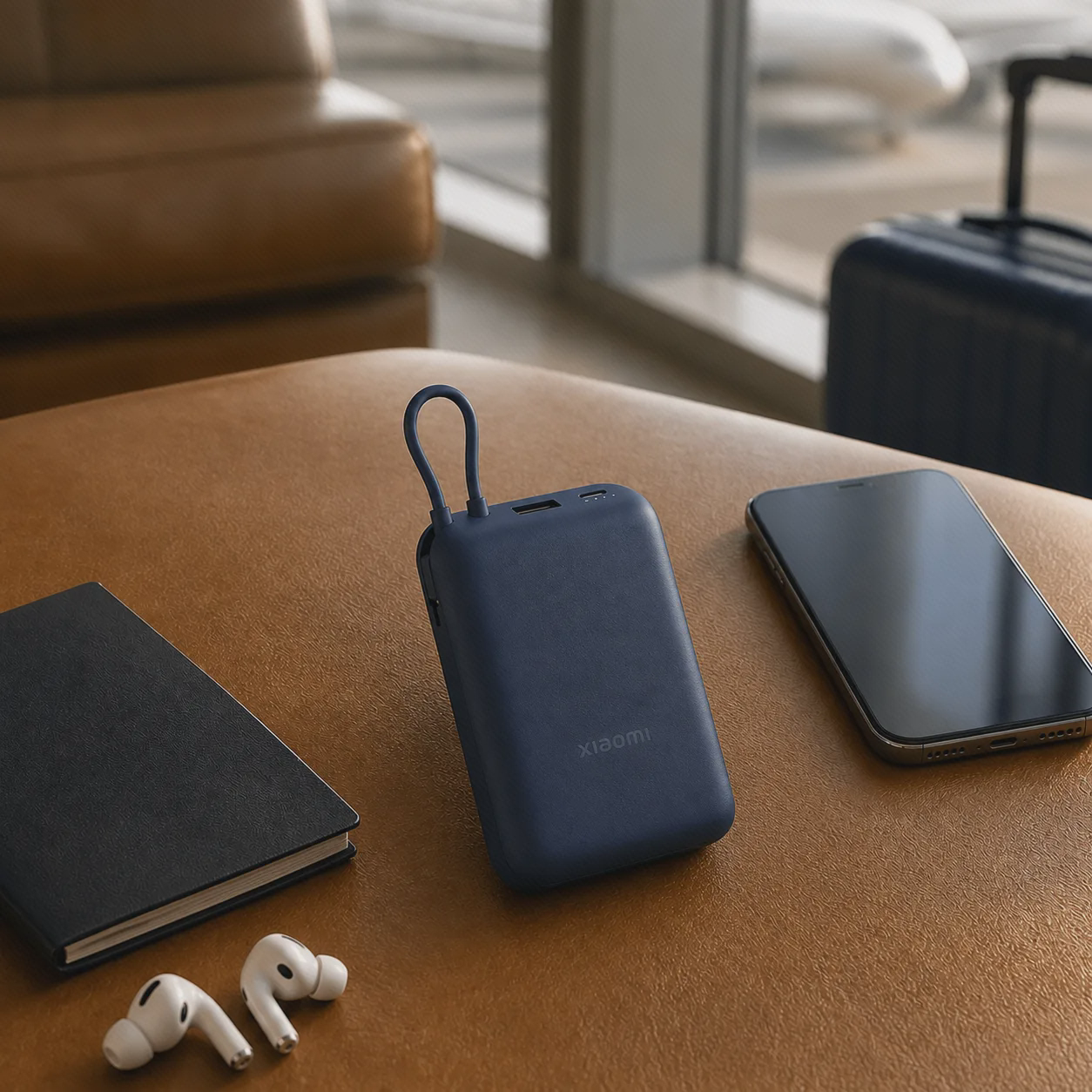 پاوربانک سرمه‌ای Xiaomi PB2030MI با کابل USB-C یکپارچه روی میز چرمی در سالن فرودگاه