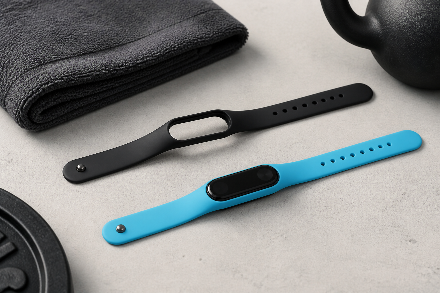 دو بند سیلیکونی Mi Band 3 سالم روی نیمکت ورزشی با یک پین و ردیف سوراخ‌های تنظیم