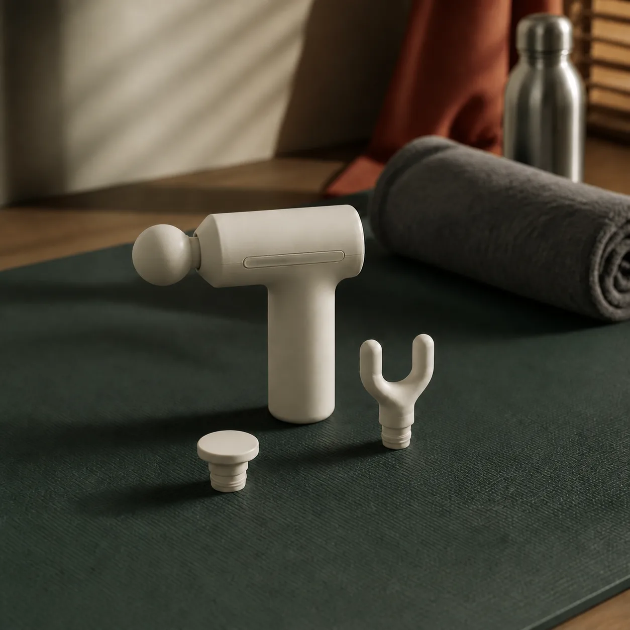 ماساژور کرم Mijia Mini Massage Gun 3 همراه سه سری روی زیرانداز سبز