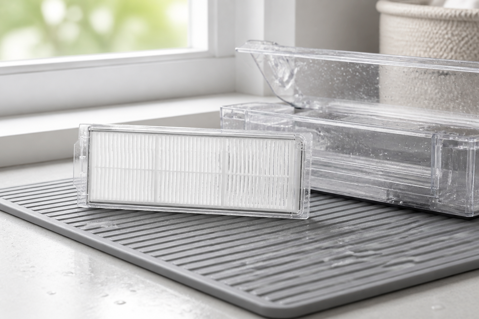 فیلتر قاب شفاف Xiaomi Mop 2 Ultra روی سینی خشککن کنار مخزن شفاف