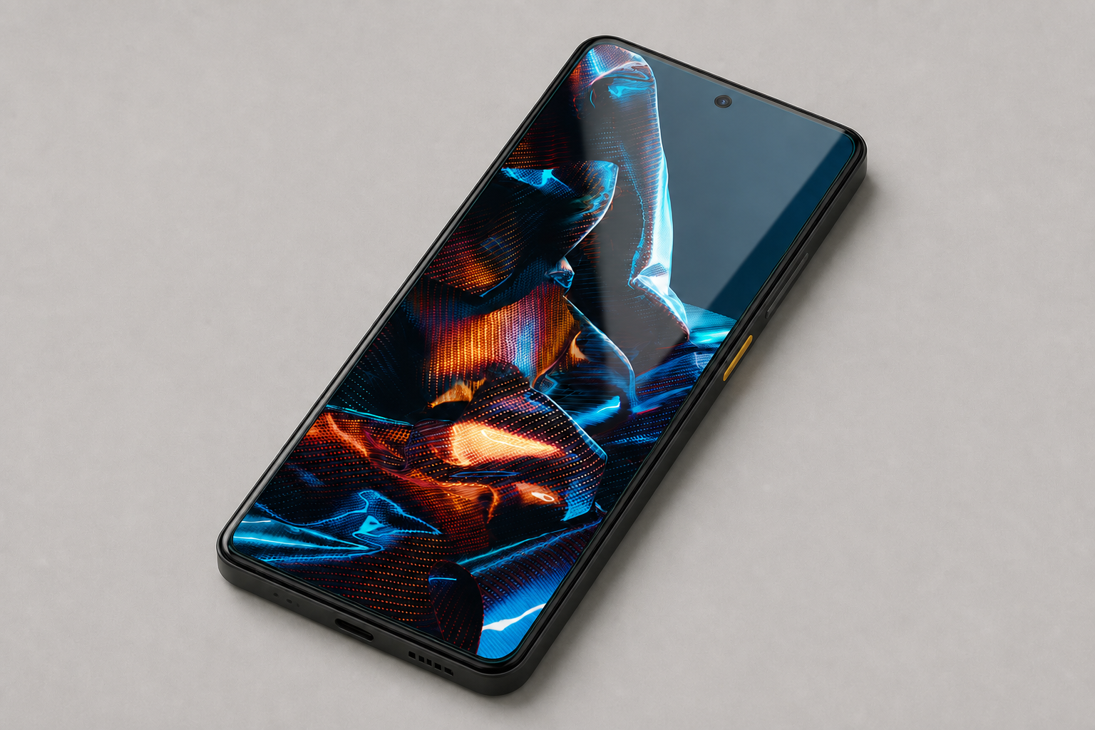 گلس Super D نصب‌شده روی صفحه گوشی POCO X5 Pro 5G با دوربین سلفی مرکزی