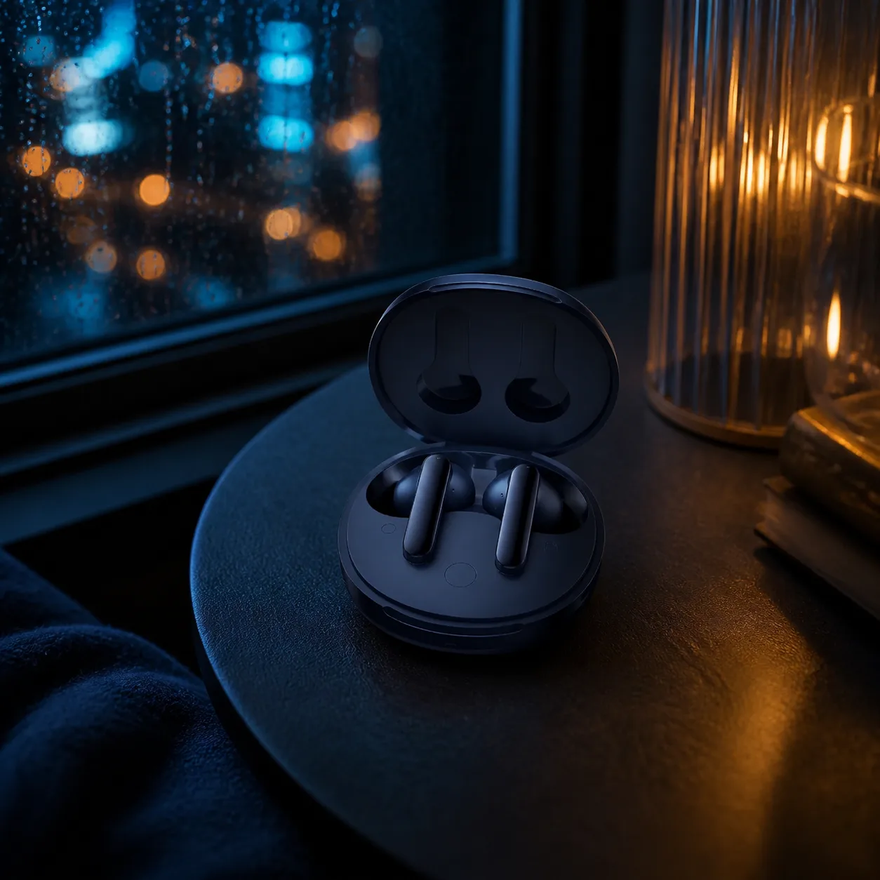 هندزفری سرمه‌ای QCY T13 ANC 2 داخل کیس باز کنار پنجره بارانی در شب