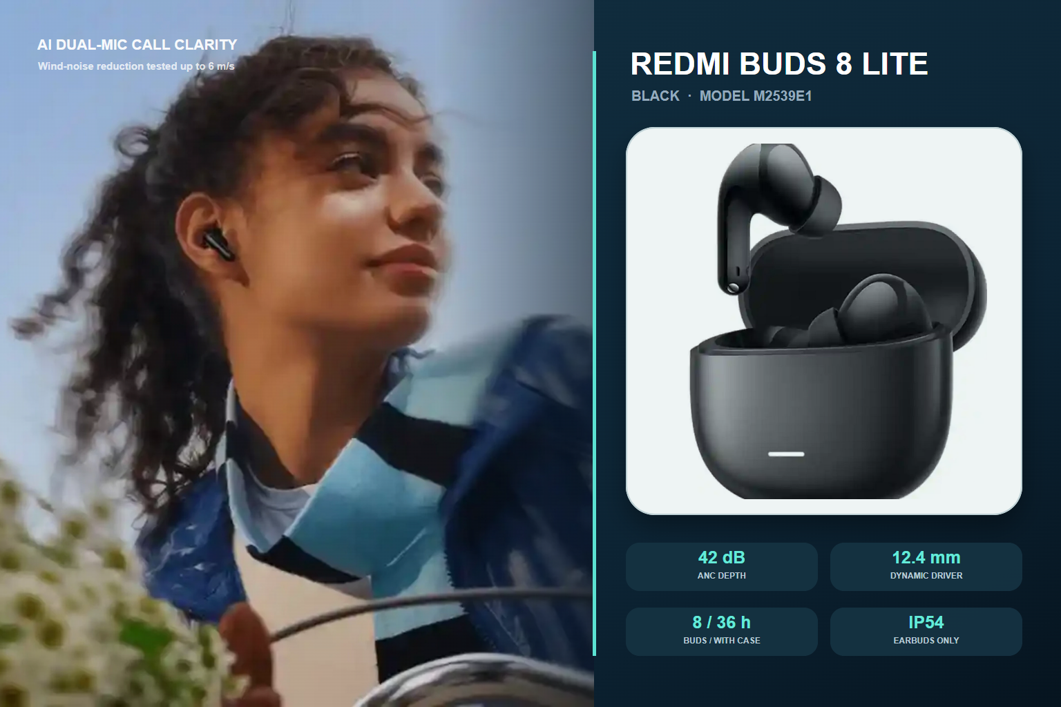 REDMI Buds 8 Lite مشکی در حال استفاده و نمای کامل کیس و ایربادها