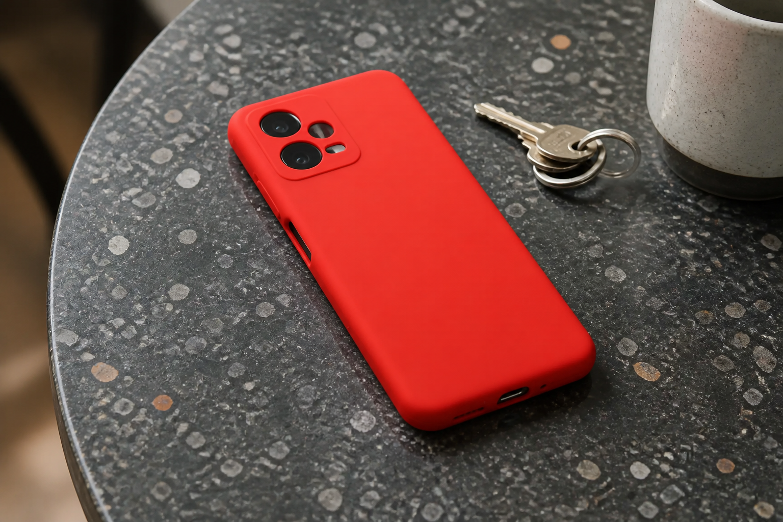 کاور سیلیکونی قرمز نصب‌شده روی Redmi Note 12 5G روی میز کافه