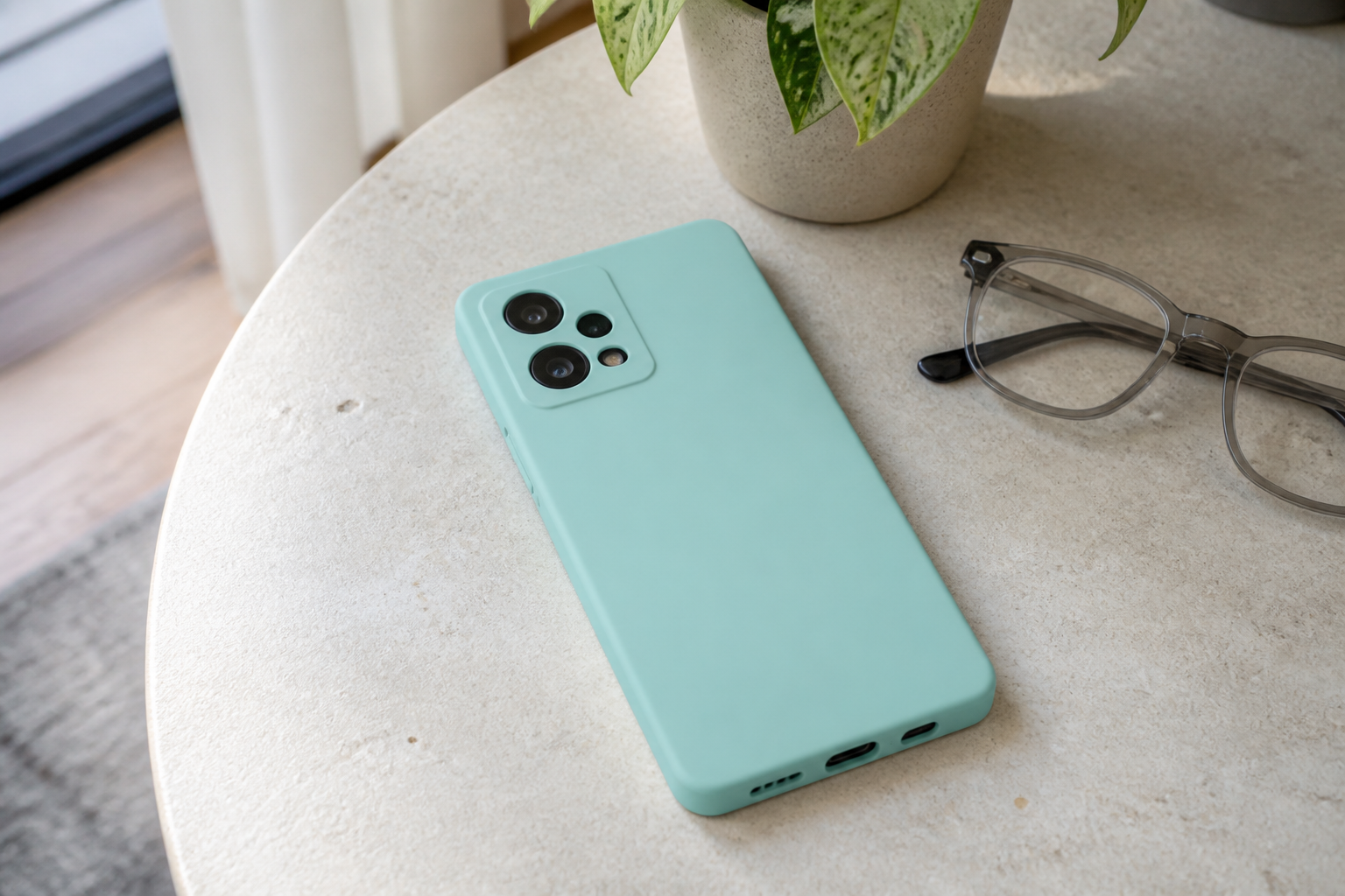 کاور سیلیکونی سبز روشن نصبشده روی Redmi Note 12 Pro Plus کنار عینک