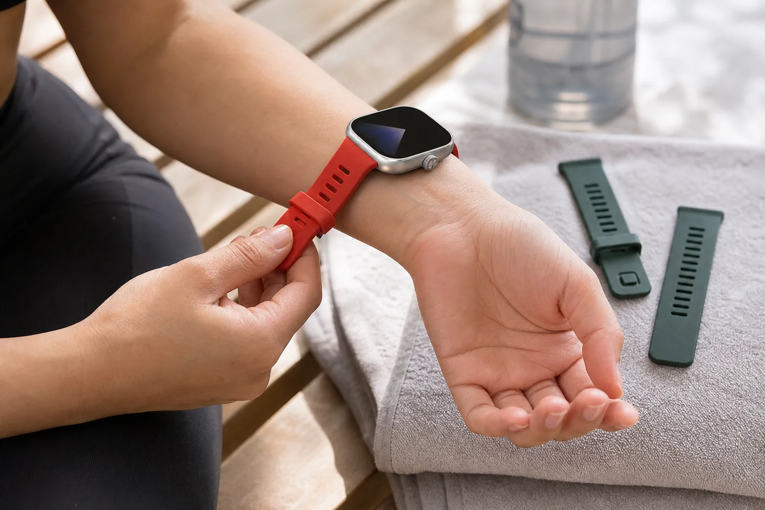 بستن بند قرمز سیلیکونی روی Redmi Watch 4 و بند یشمی جایگزین کنار مچ
