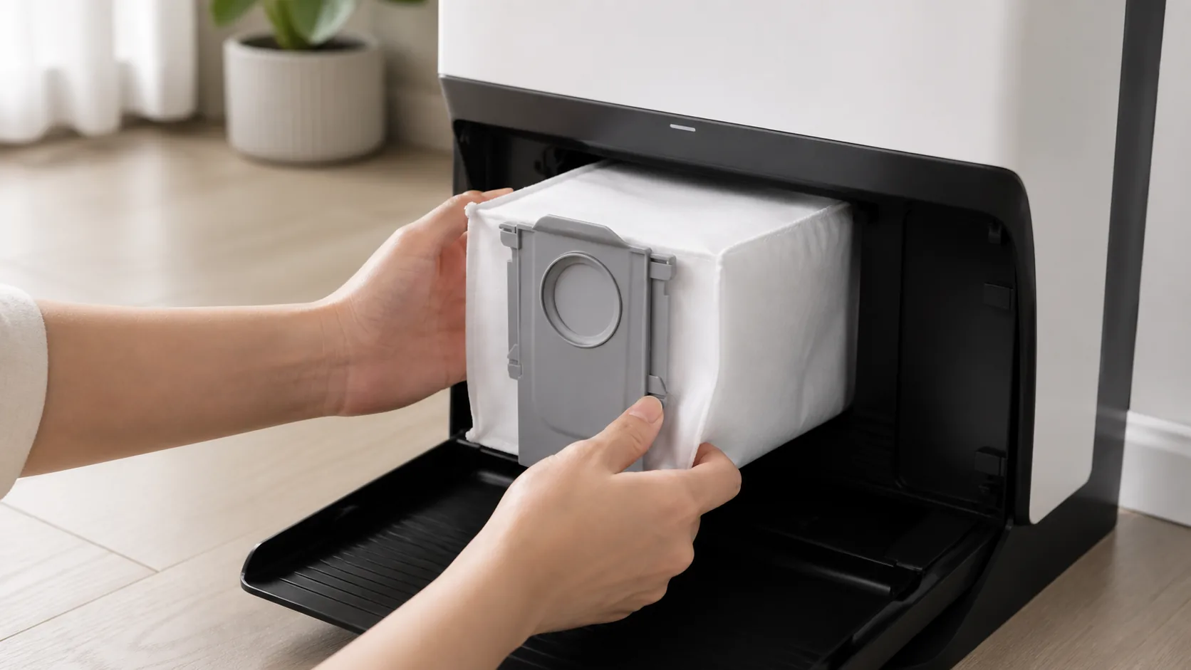 نصب پاکت زباله سفید Roborock QR 598 با قاب خاکستری داخل محفظه ایستگاه