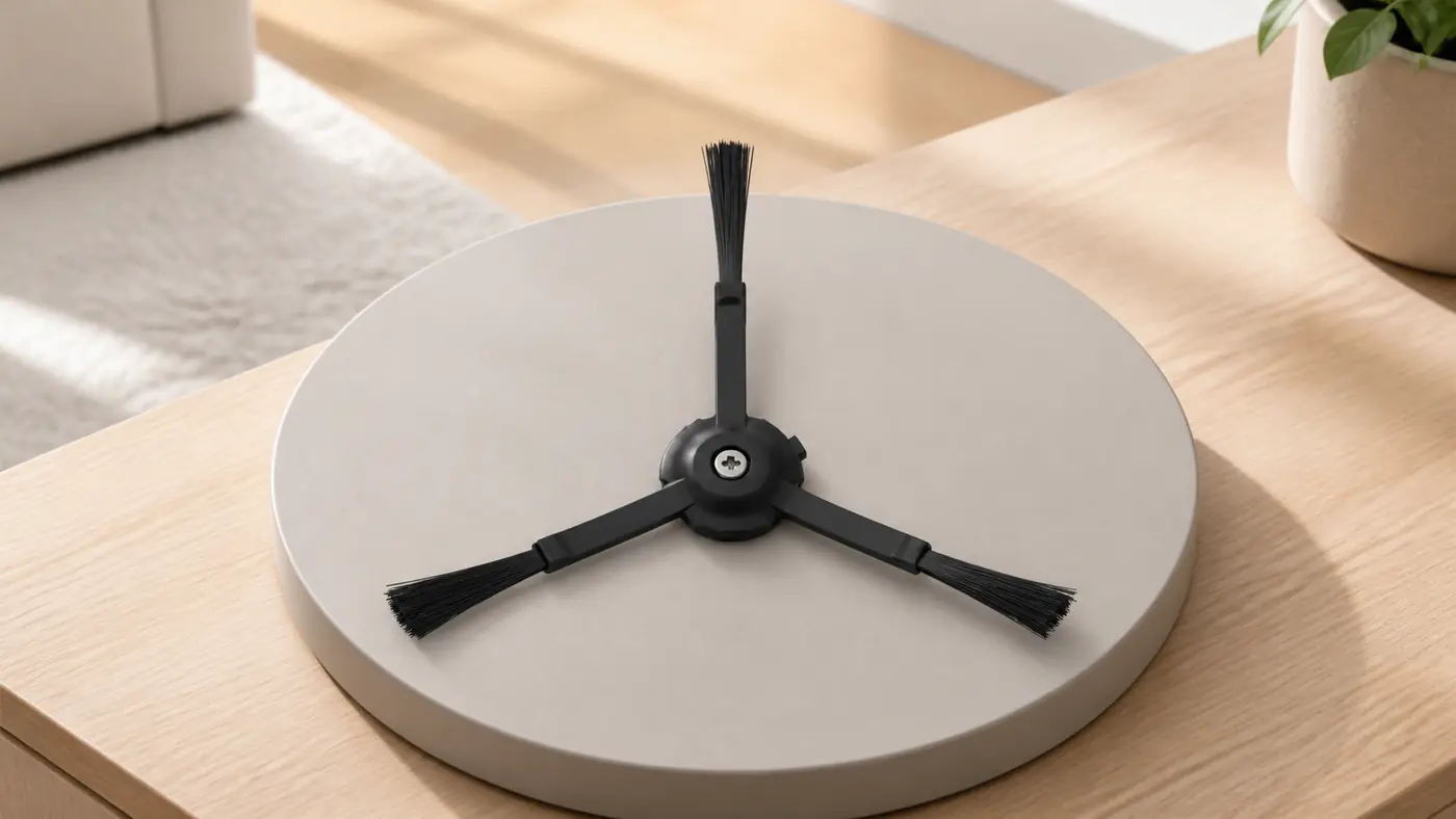براش کناری مشکی و نو Roborock Qrevo Plus با سه بازوی کامل و پیچ مرکزی روی استند روشن
