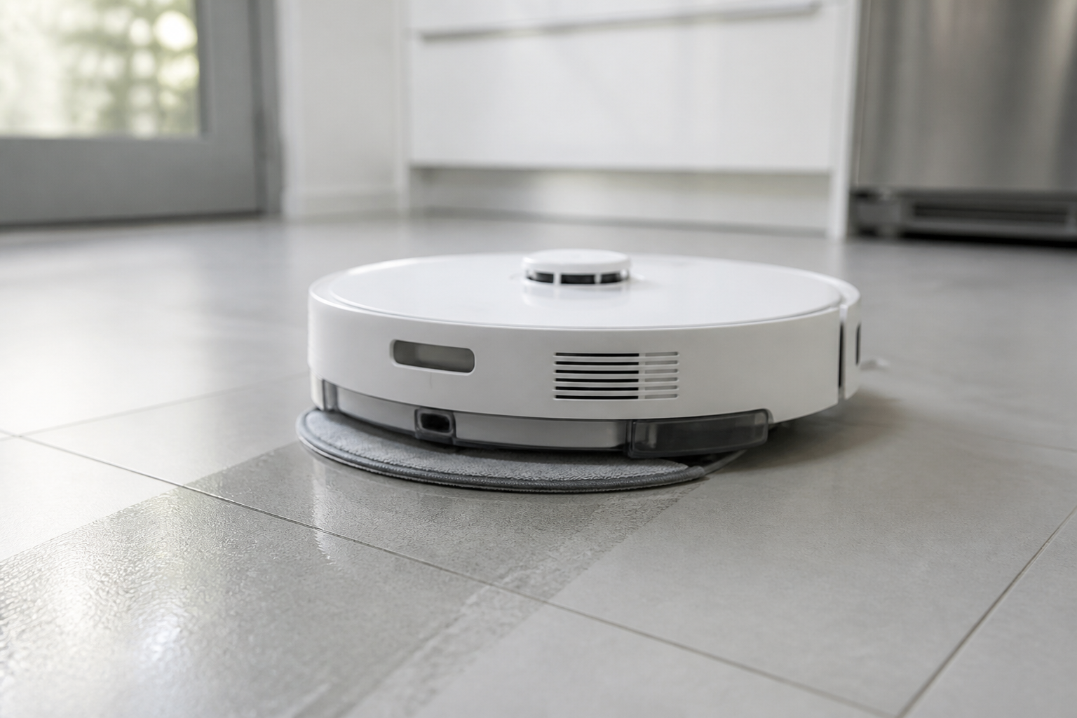 پد هلالی Roborock S8 Max Ultra نصب‌شده زیر ربات هنگام تی‌کشی کف