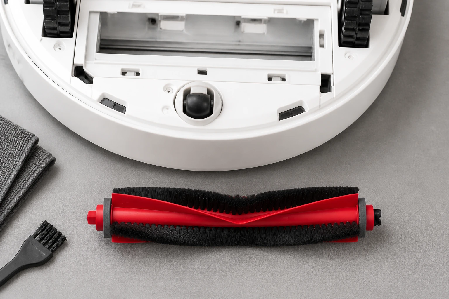 برس اصلی تک‌غلتکی Roborock S8 Pro با تیغه قرمز و الیاف مشکی کنار محفظه باز دستگاه