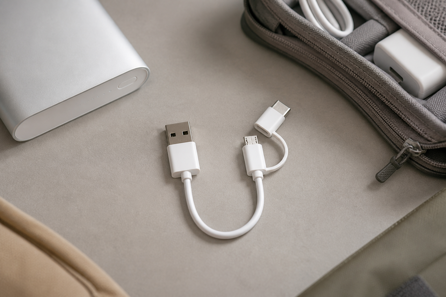 کابل کوتاه سفید SJX01ZM کنار کیف سفر با USB-A و آداپتور بنددار USB-C روی Micro-USB