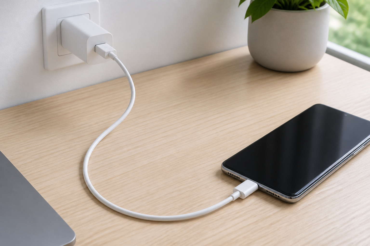 کابل سفید USB-A به USB-C متصل به شارژر و گوشی روی میز