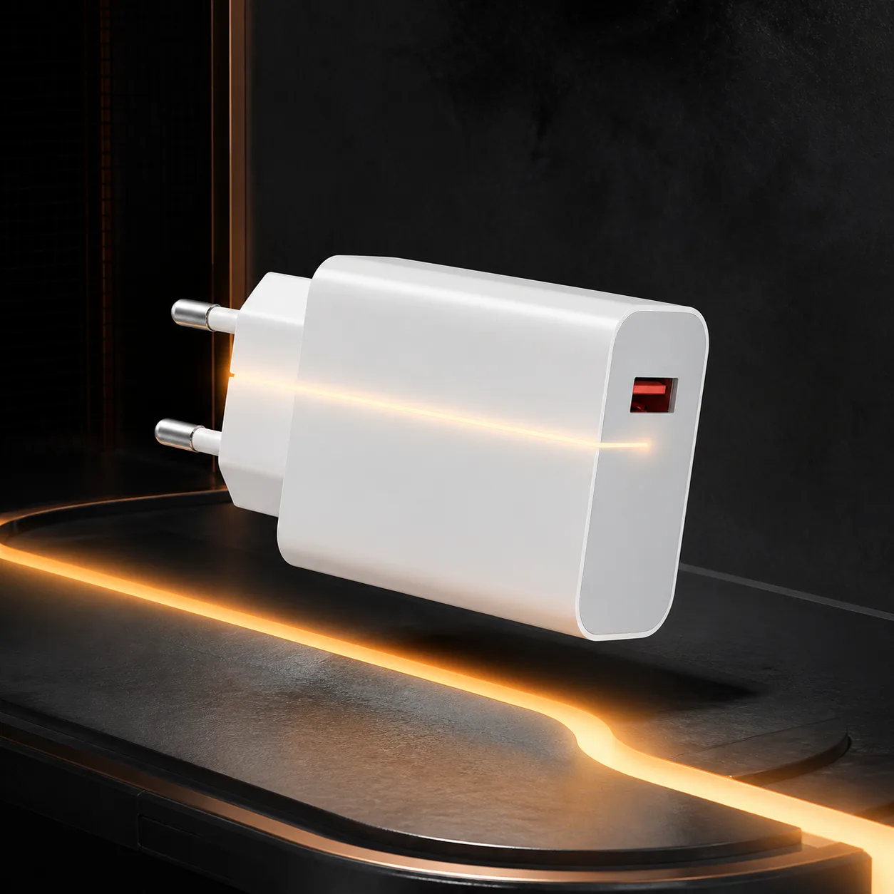 آداپتور سفید 45 وات شیائومی با درگاه قرمز USB-A روی مسیر نور نارنجی