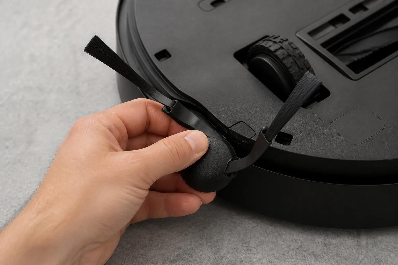 نصب برس کناری مشکی دوشاخه Xiaomi Robot Vacuum 5 Pro روی بخش زیرین جارو رباتیک