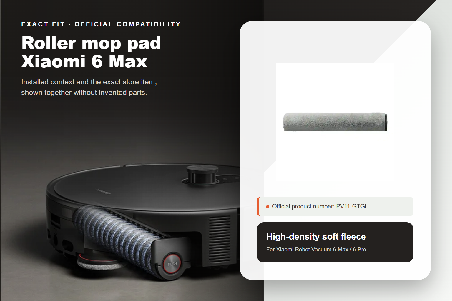 پد رولی خاکستری Xiaomi Robot Vacuum 6 Max در کنار نمای نصب رسمی روی دستگاه