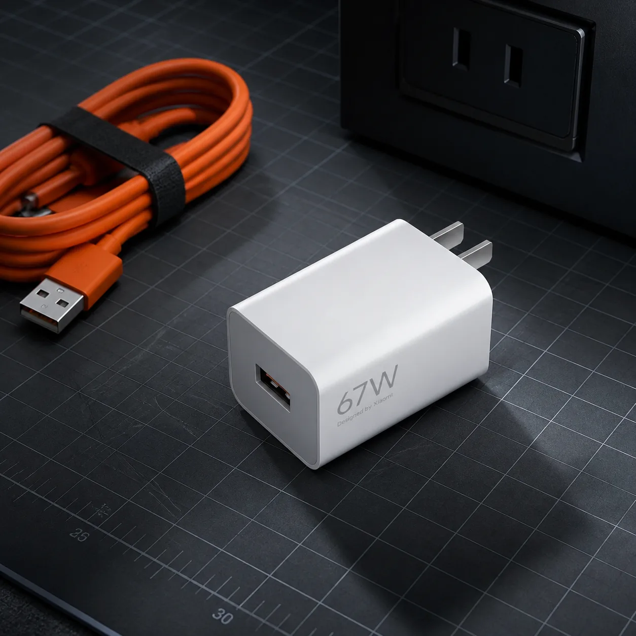 آداپتور سفید ۶۷ وات شیائومی با خروجی USB-A و دوشاخه تخت روی میز فنی