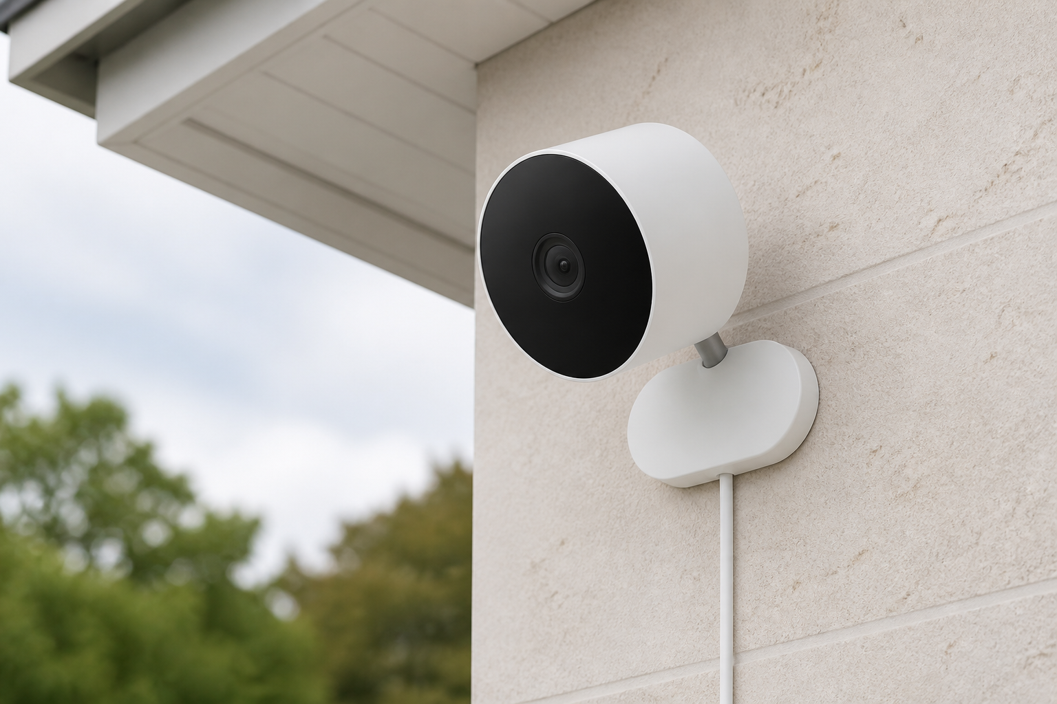 دوربین Xiaomi Outdoor Camera AW200 با صفحه گرد مشکی و پایه بیضی روی دیوار فضای باز