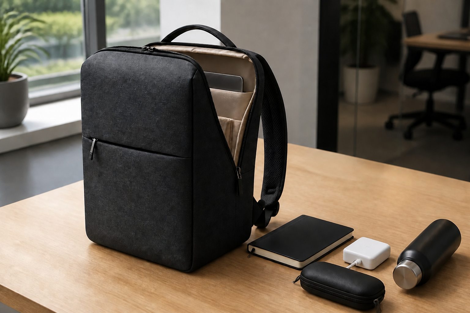 کوله لپ‌تاپ خاکستری Xiaomi City Backpack 2 مدل DSBB03RM با محفظه باز و وسایل روزانه روی میز کار