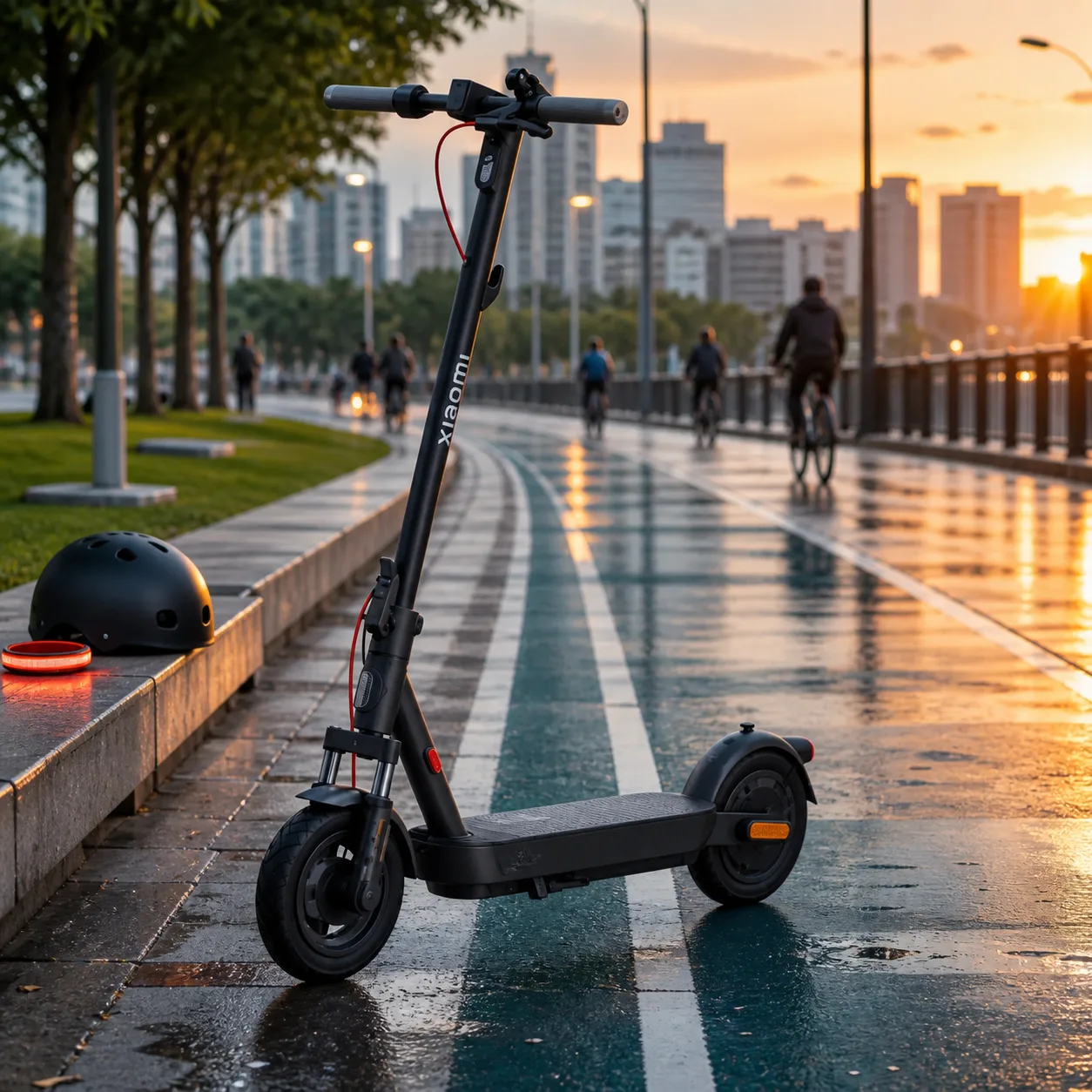 رفتوآمد شهری ایمن با Xiaomi Electric Scooter 5 اسکوتر برقی شیائومی Electric Scooter 5 کنار کلاه ایمنی در مسیر دوچرخه شهری
