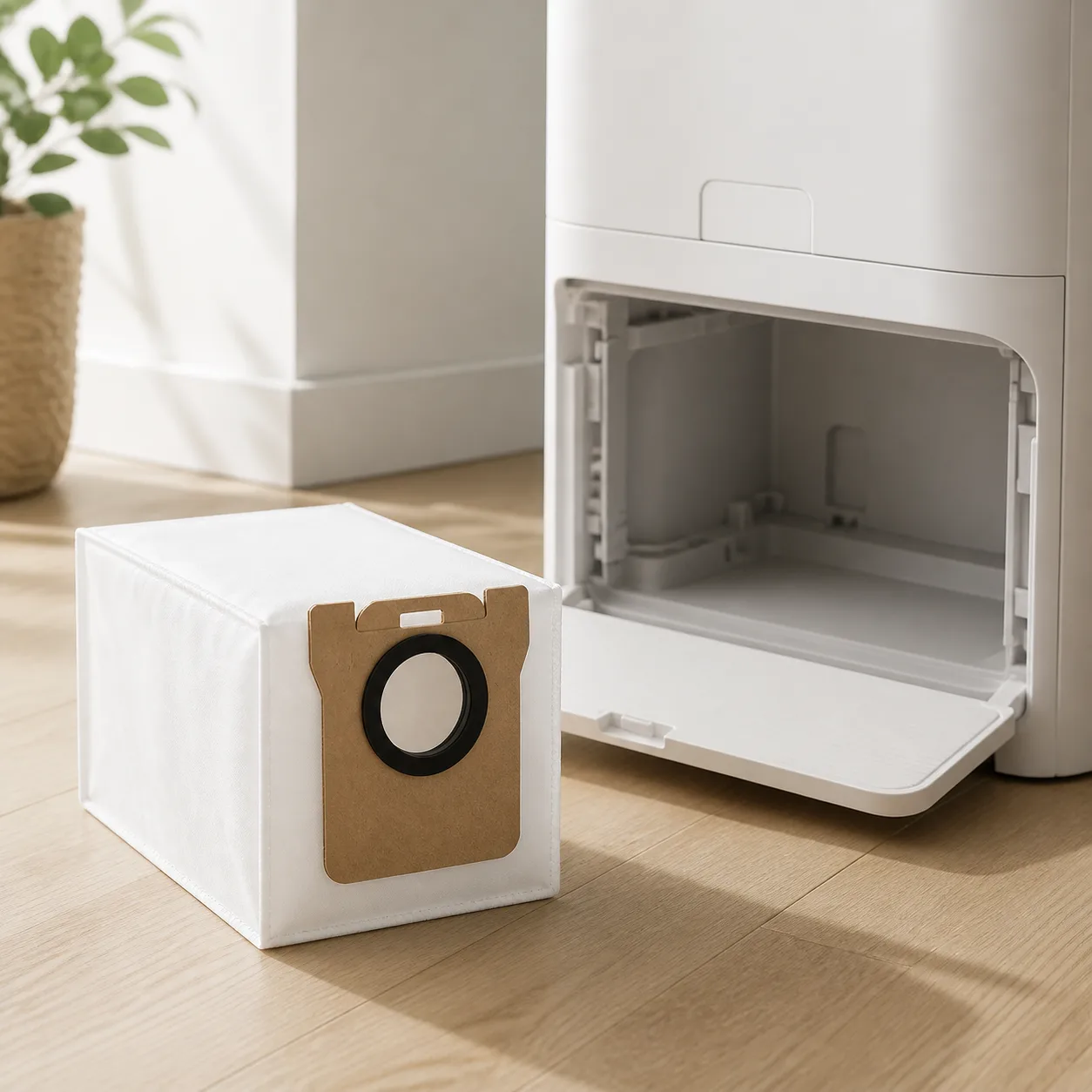 پاکت زباله جارو رباتیک شیائومی Xiaomi H50 پاکت زباله سفید Xiaomi H50 کنار محفظه باز ایستگاه جارو رباتیک