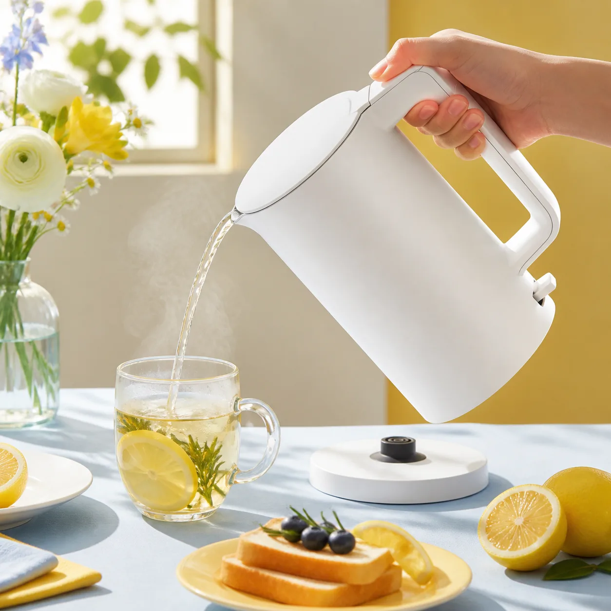 کتری برقی Xiaomi Electric Kettle 2 Lite MJDSH06-A کتری سفید Xiaomi Kettle 2 Lite کنار فنجانهای صبحانه روی میز آشپزخانه