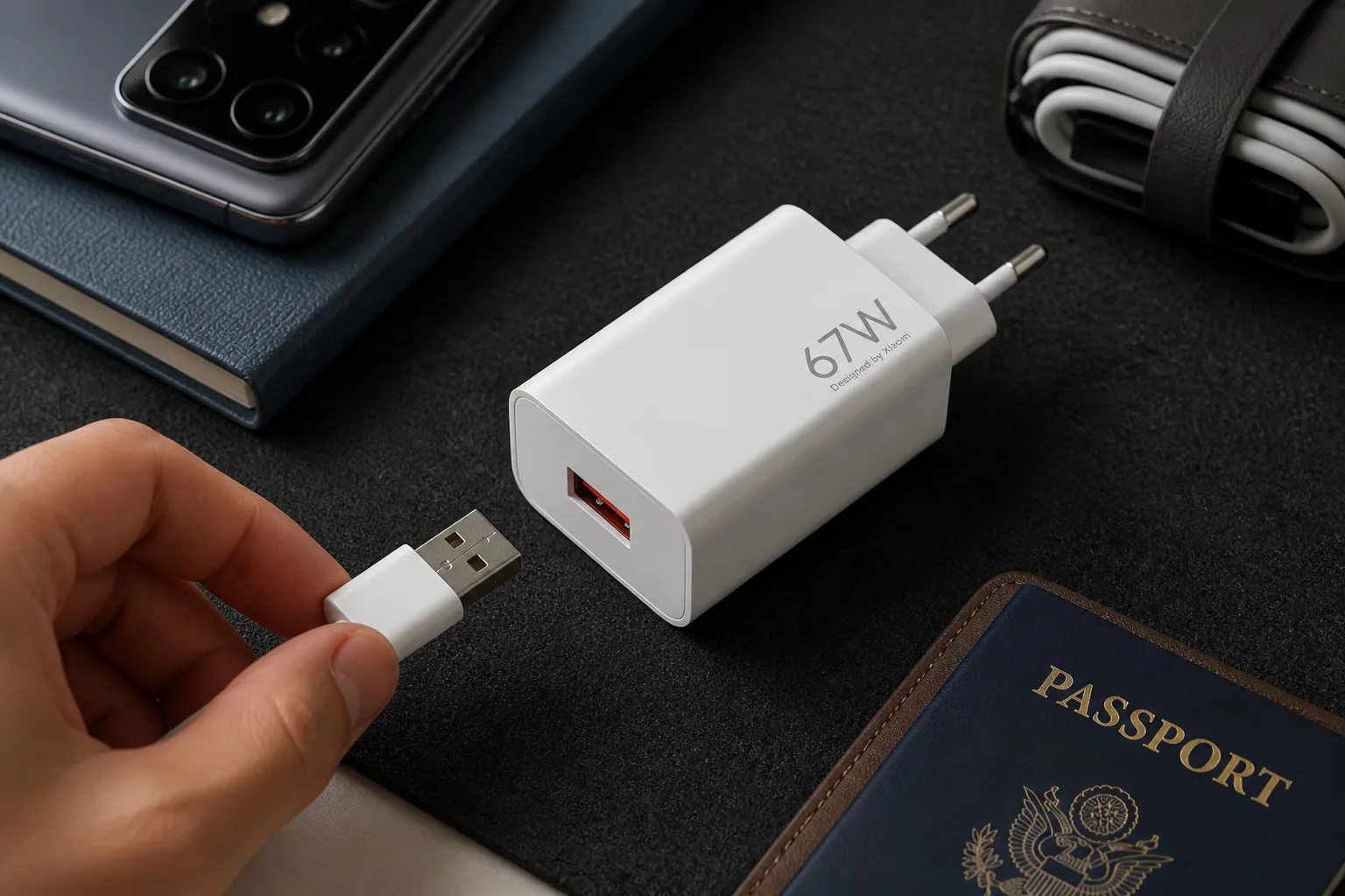 آداپتور سفید شیائومی MDY-15-ET با پورت USB-A قرمز و کابل جدا روی میز سفر