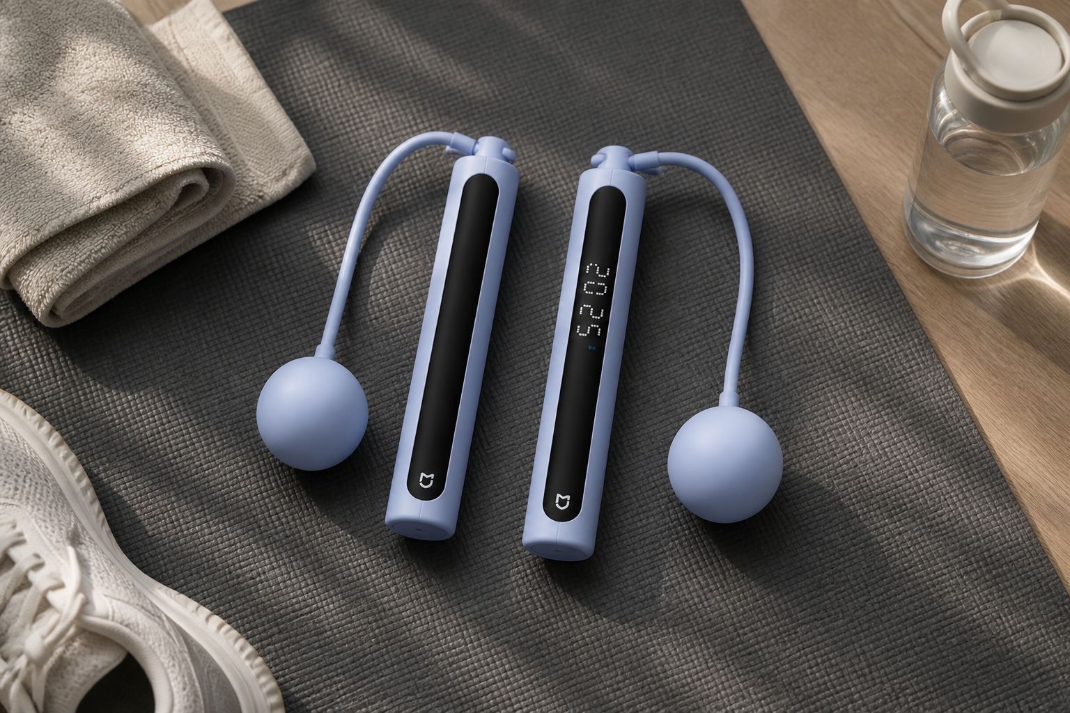 دو دسته آبی طناب هوشمند شیائومی Mijia Smart Skipping Rope 2 مدل MJTS02YM با دو گوی بی‌سیم روی مت ورزشی