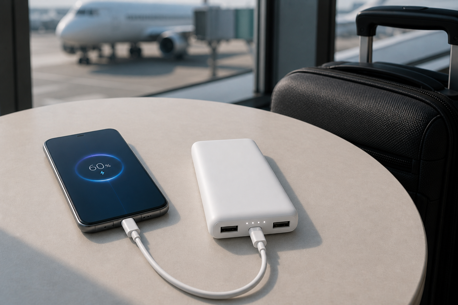 پاوربانک سفید Xiaomi P16ZM در حال شارژ گوشی از درگاه USB-C در سفر