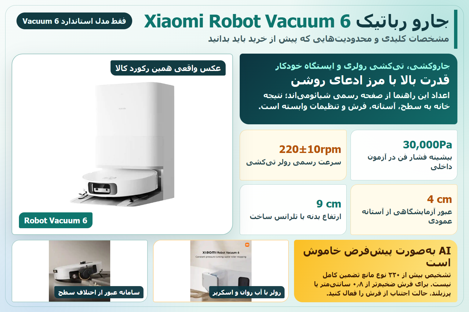 راهنمای تصویری Xiaomi Robot Vacuum 6 با عکس واقعی دستگاه، ایستگاه، رولر تی‌کشی و عبور از آستانه