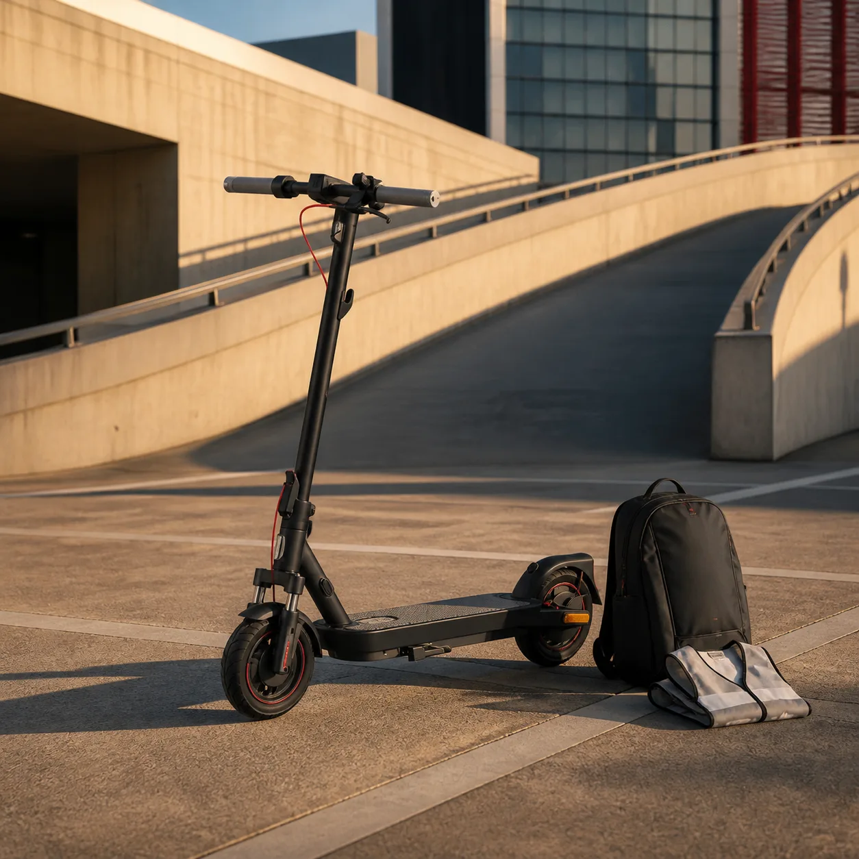 ارزیابی شیب و حمل Xiaomi Electric Scooter 5 Max اسکوتر برقی شیائومی 5 Max کنار کوله و جلیقه بازتابنده روبهروی رمپ شهری