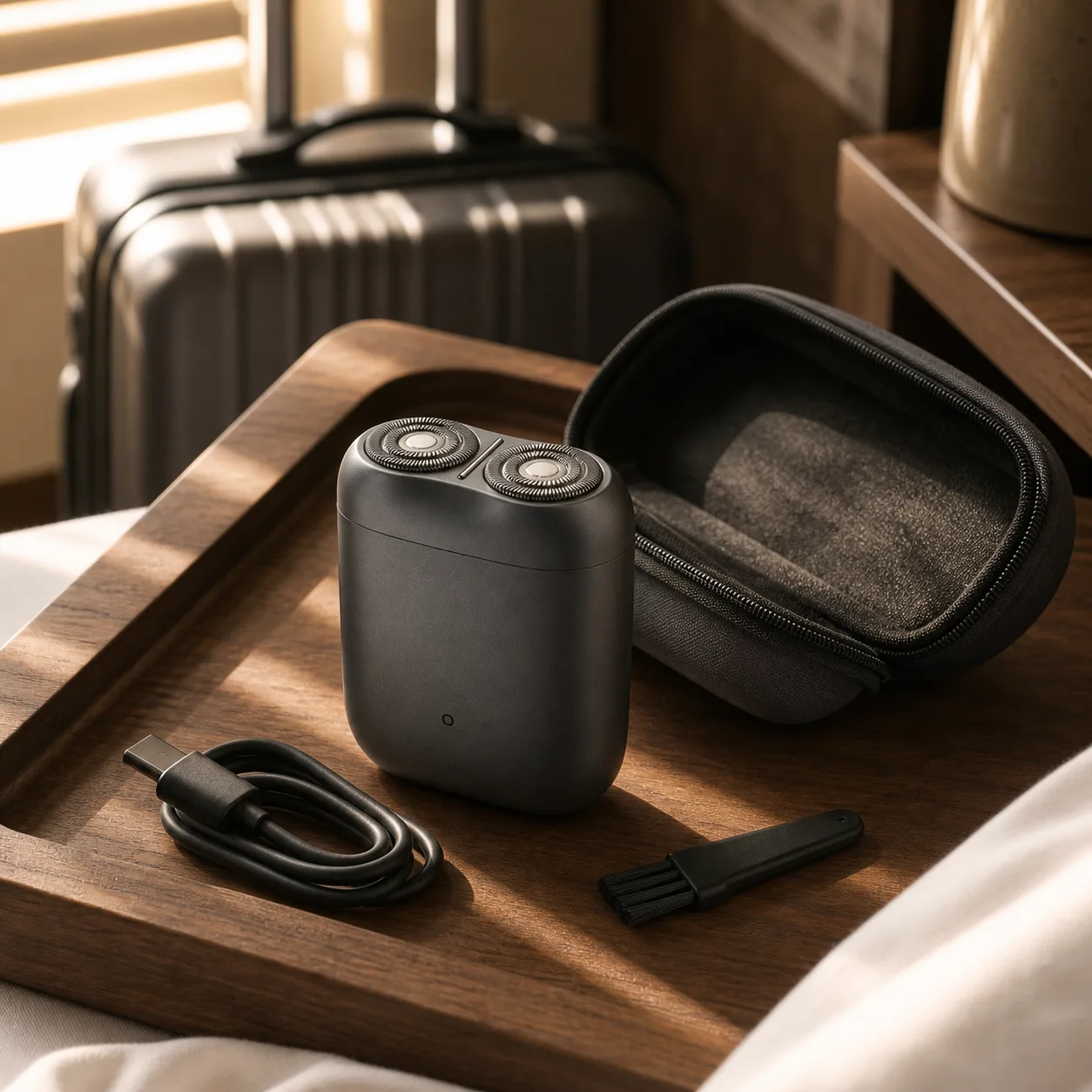 ریش تراش جیبی شیائومی S200 کنار کیف، کابل USB-C و برس تمیزکاری در سفر