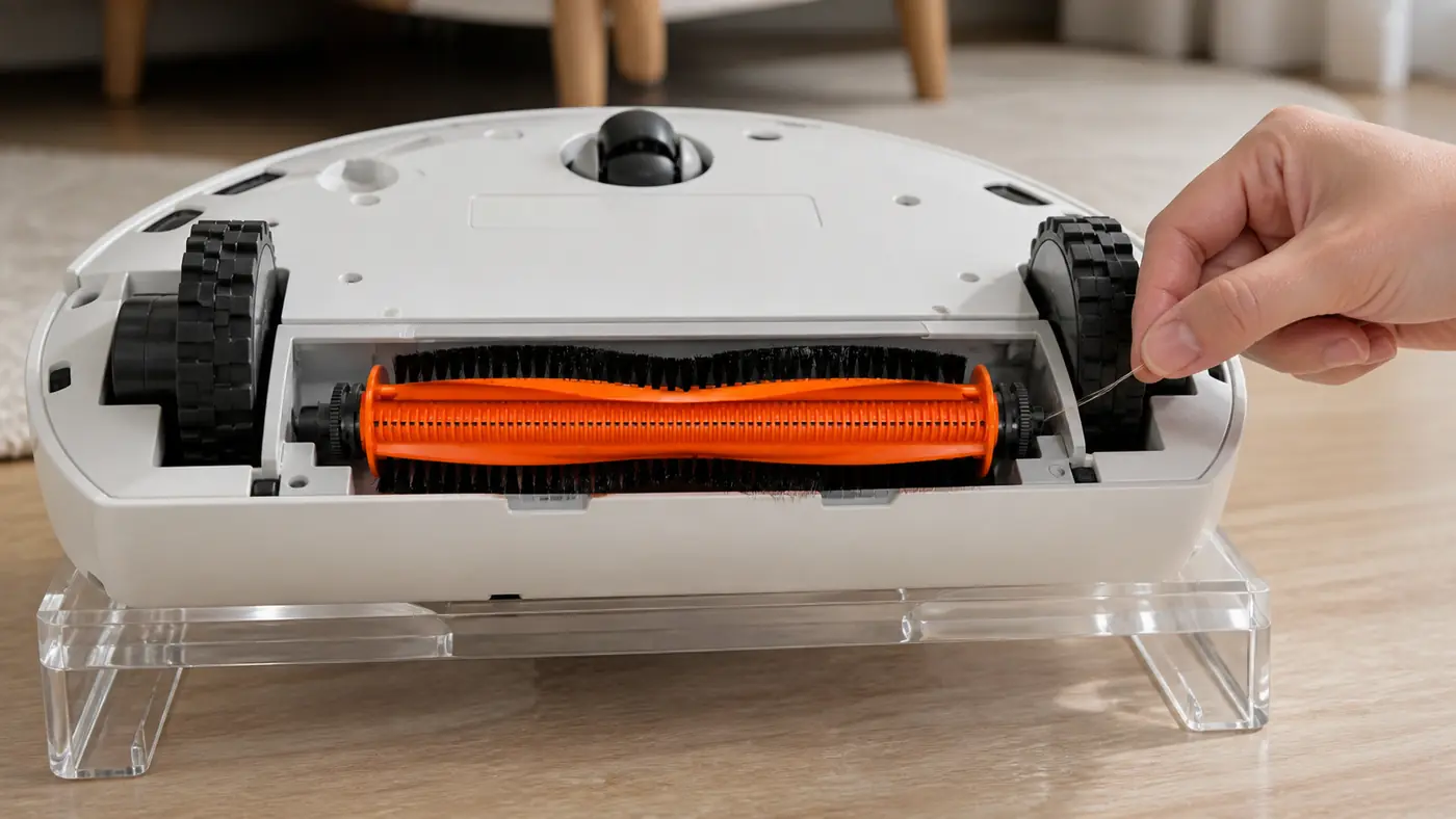 برس نارنجی ضد گره Xiaomi Robot Vacuum 5 Pro نصب‌شده زیر جارو رباتیک