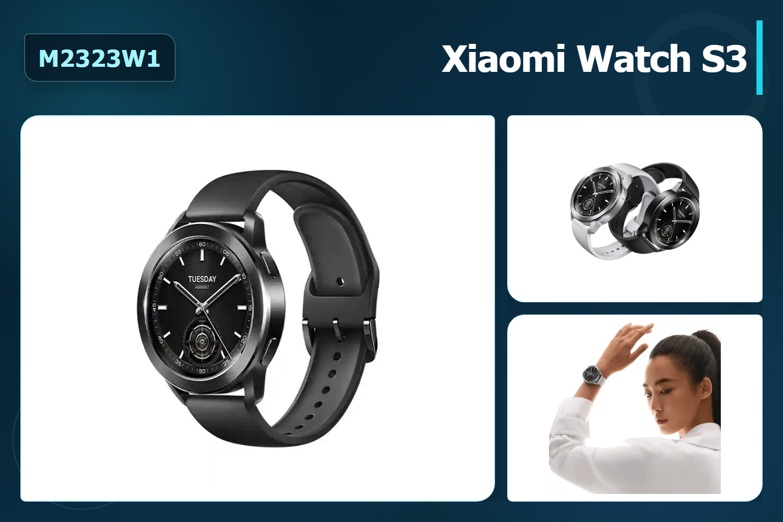 Xiaomi Watch S3 مدل M2323W1 در نمای مشکی، رنگ‌های رسمی و حالت استفاده روی مچ