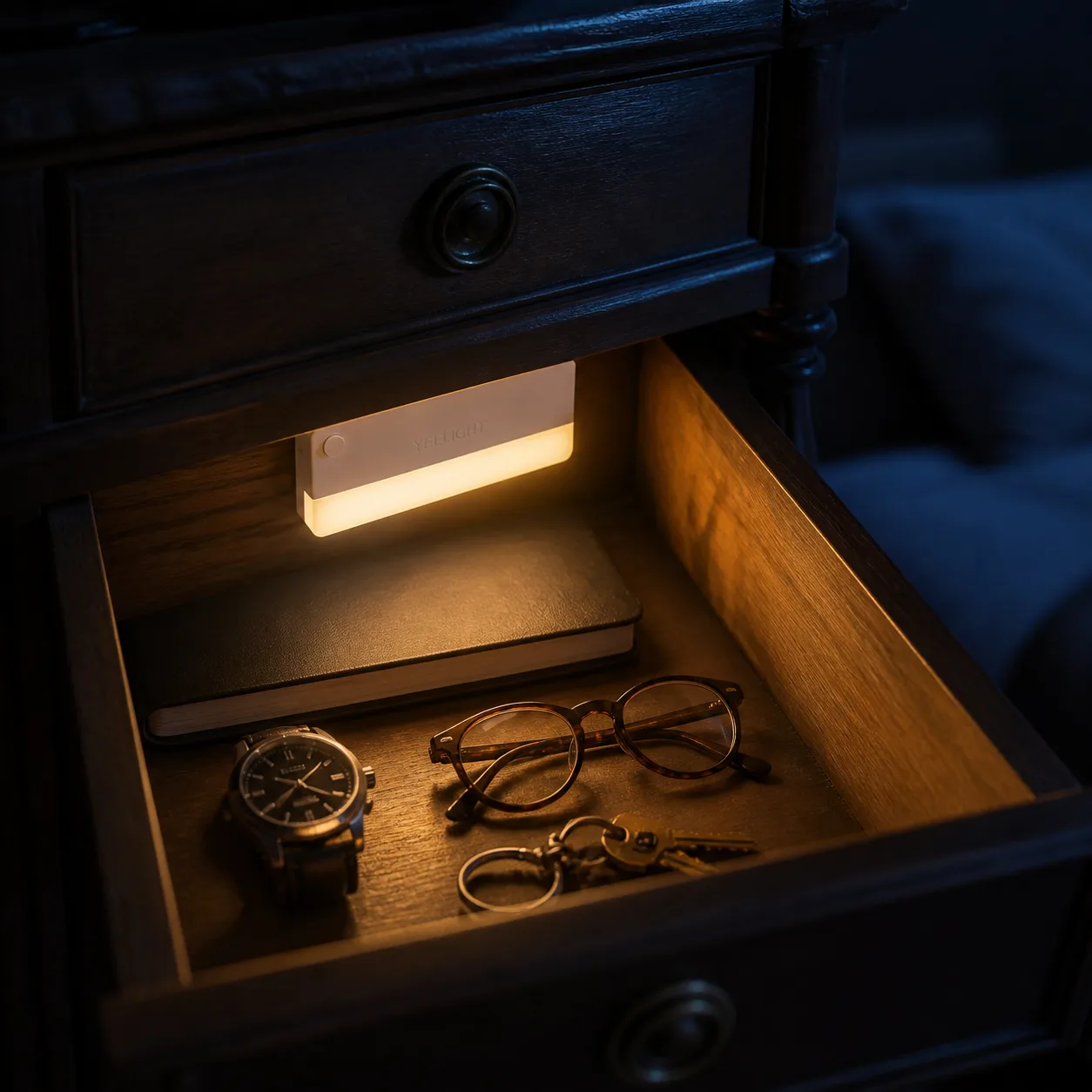 چراغ Yeelight YLCTD001 نصب‌شده داخل کشوی چوبی با نور گرم