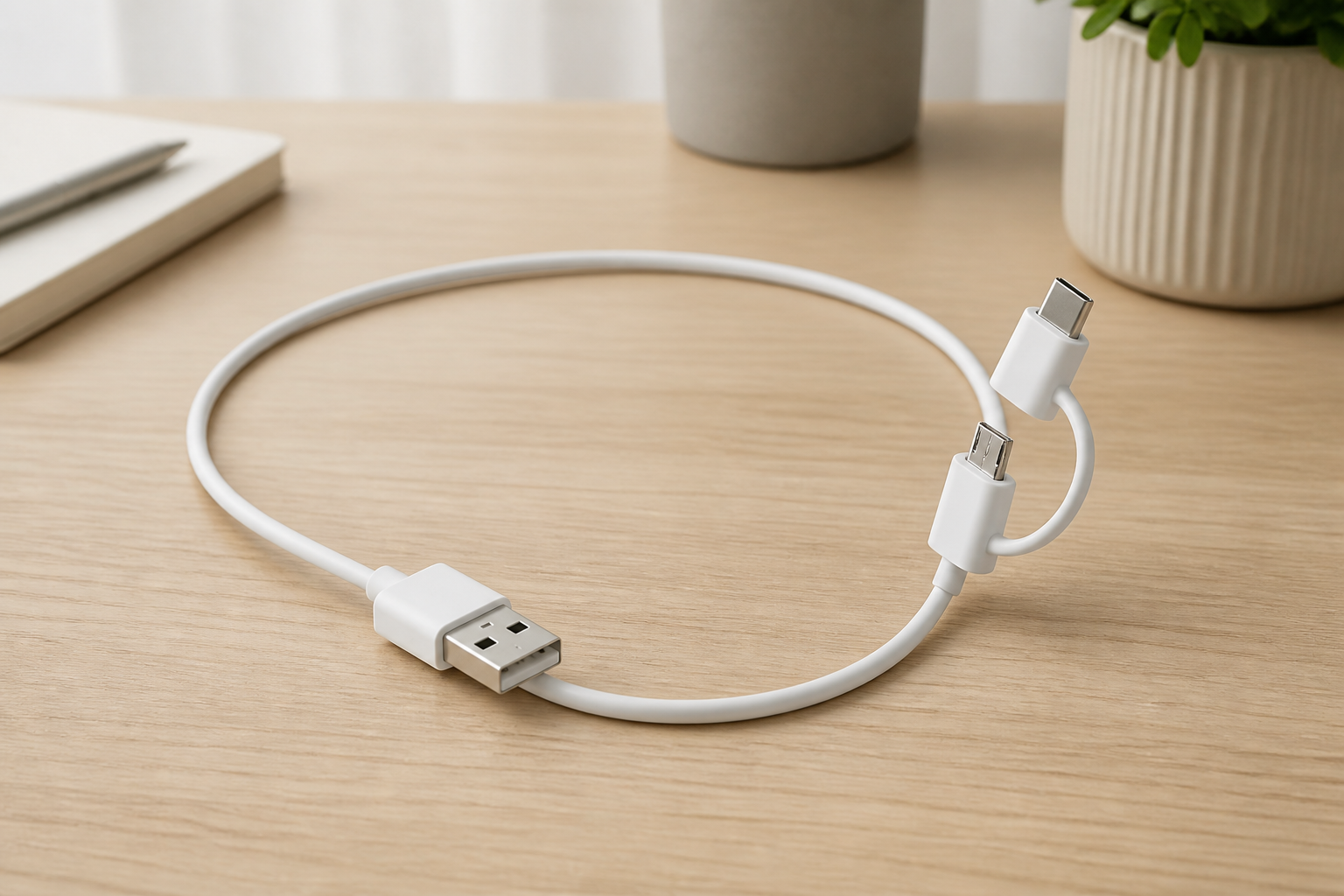 کابل سفید یک‌متری ZMI AL501 با USB-A، سر Micro-USB و آداپتور USB-C متصل با بند کوتاه