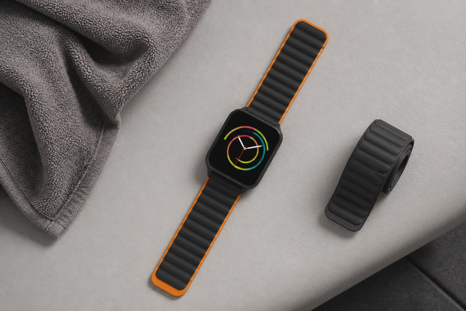 ساعت Glorimi GS1 Pro با بند سیلیکونی مشکی نارنجی و بند مگنتی جدا روی نیمکت تمرین