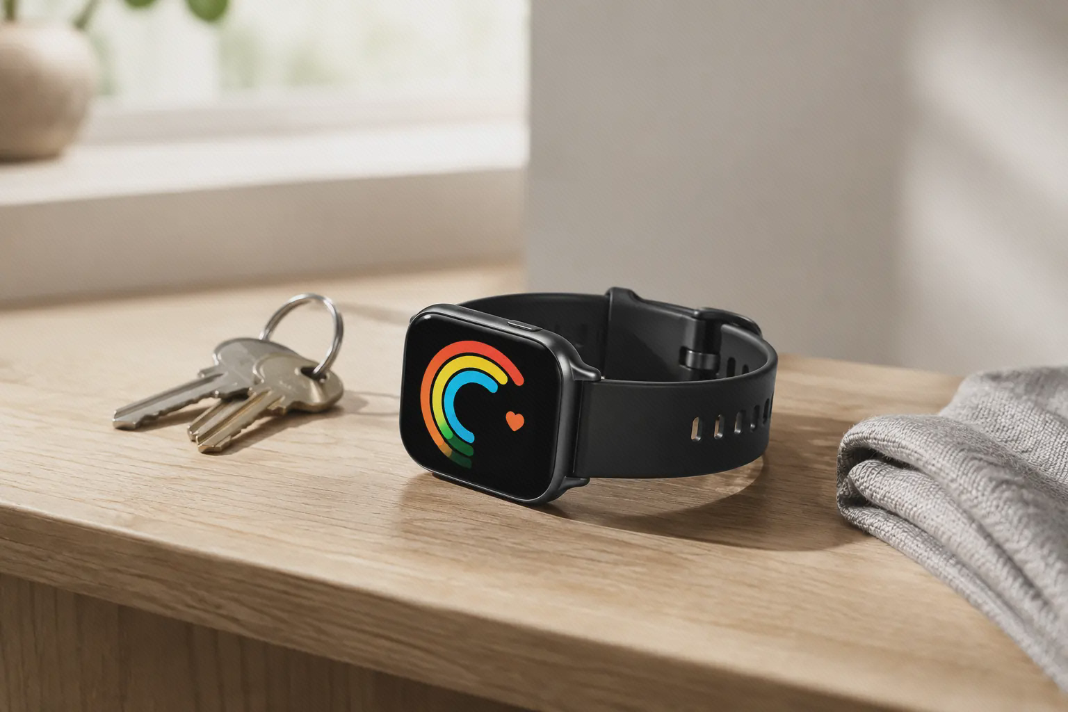 ساعت هوشمند مشکی REDMI Watch 5 Active روی میز در استفاده روزمره