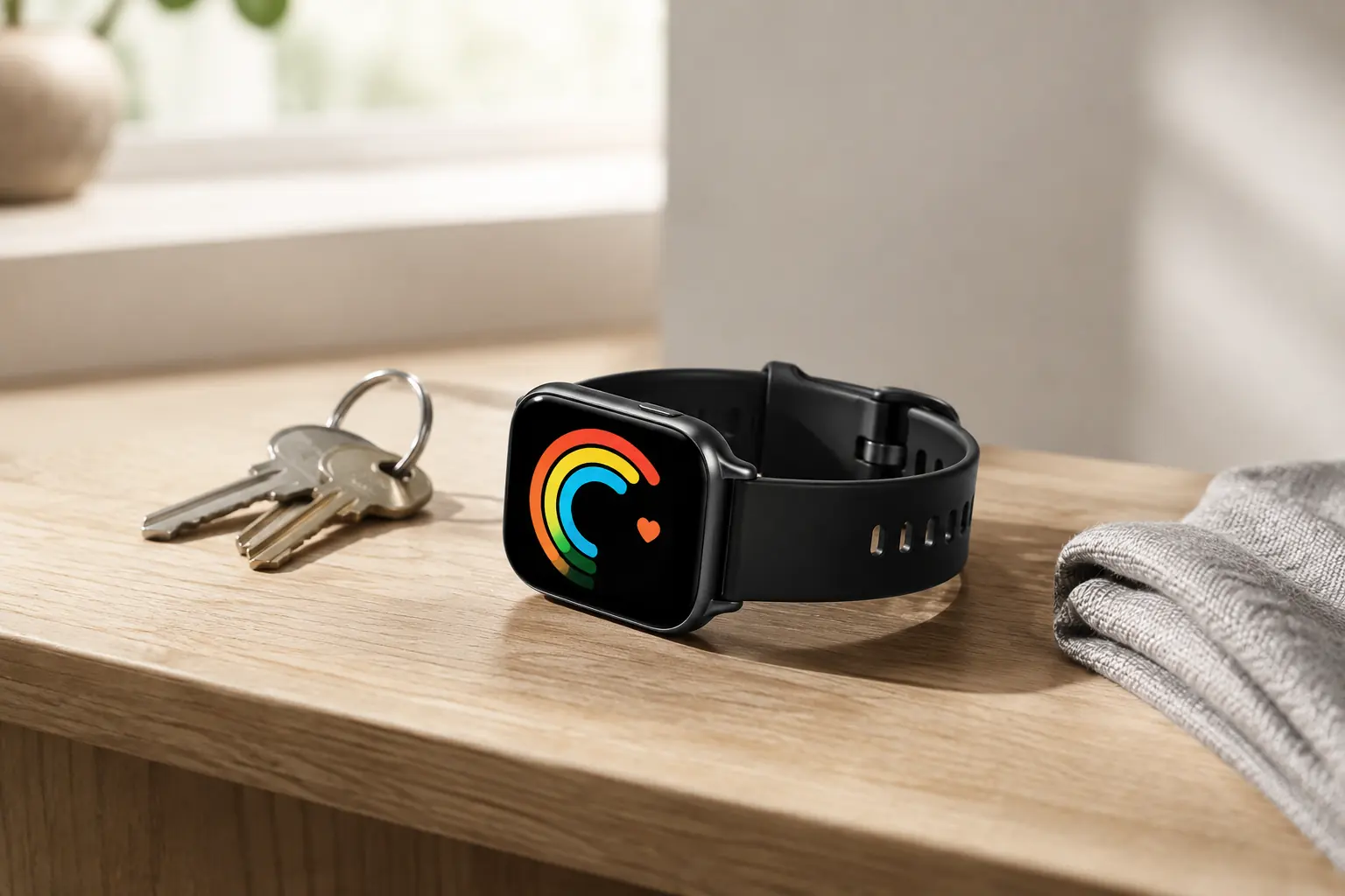 ساعت هوشمند مشکی REDMI Watch 5 Active روی میز در استفاده روزمره