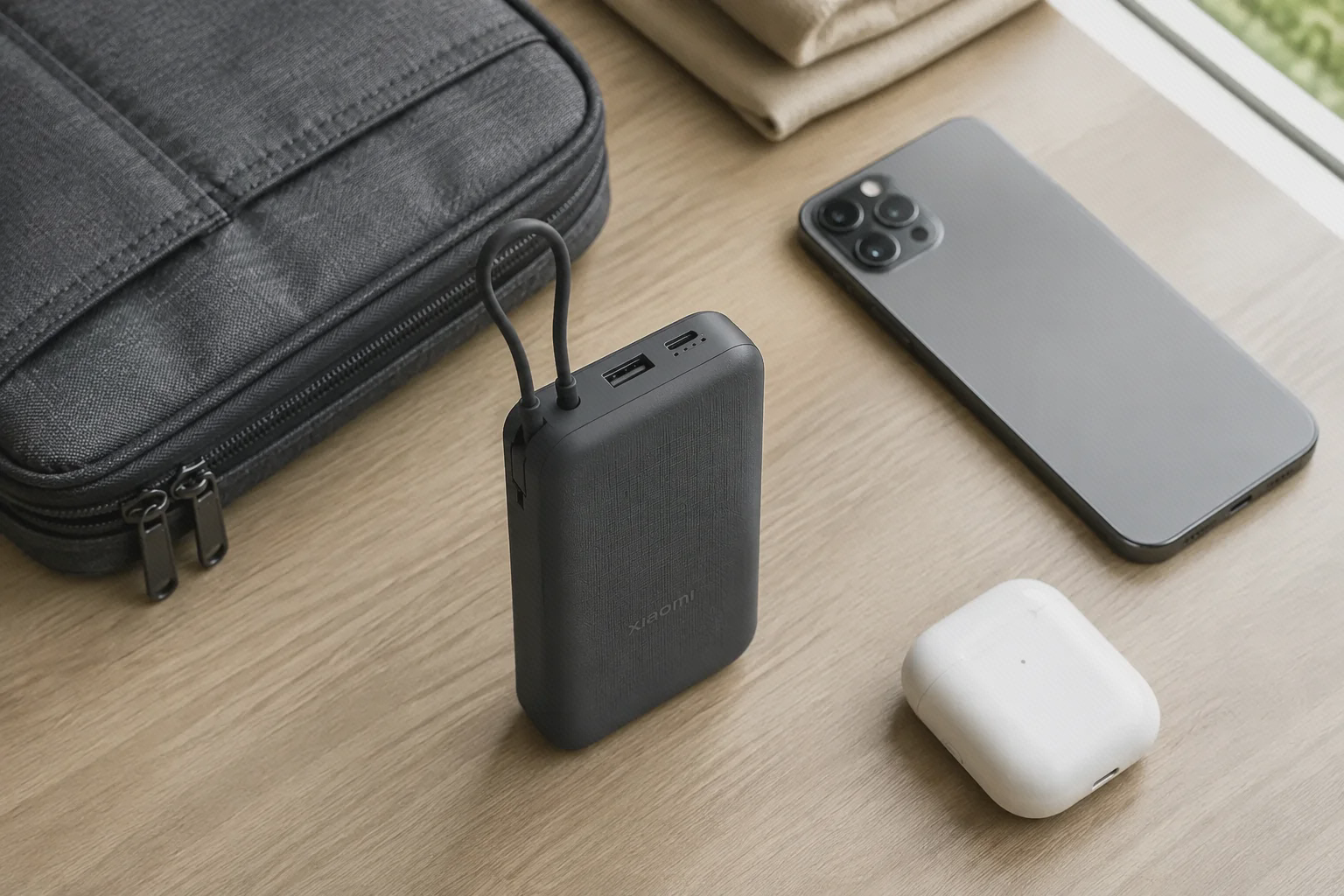 پاوربانک خاکستری Xiaomi PB2020MI با کابل USB-C حلقه‌ای کنار وسایل سفر
