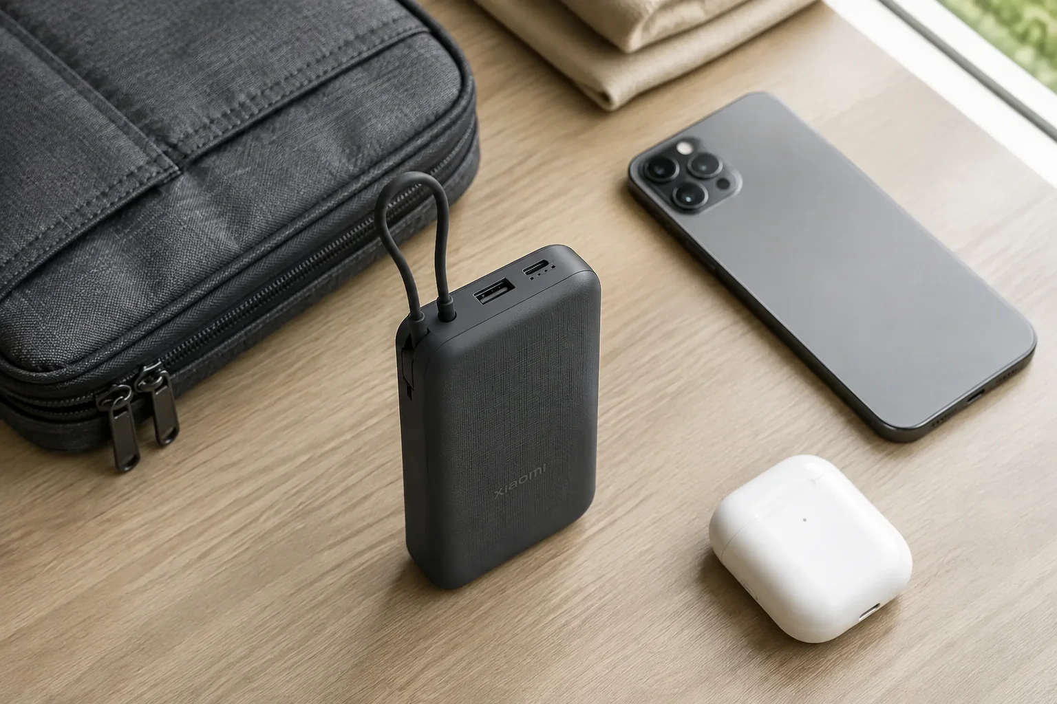 پاوربانک خاکستری Xiaomi PB2020MI با کابل USB-C حلقه‌ای کنار وسایل سفر