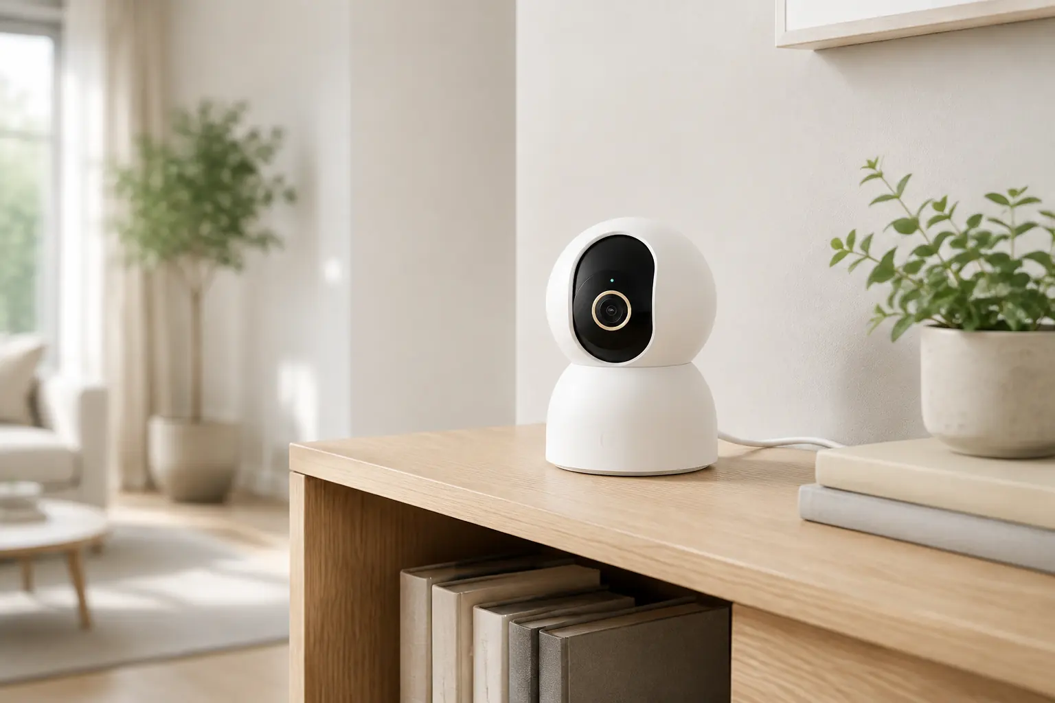 دوربین سفید Xiaomi Smart Camera C701 روی قفسه چوبی خانه
