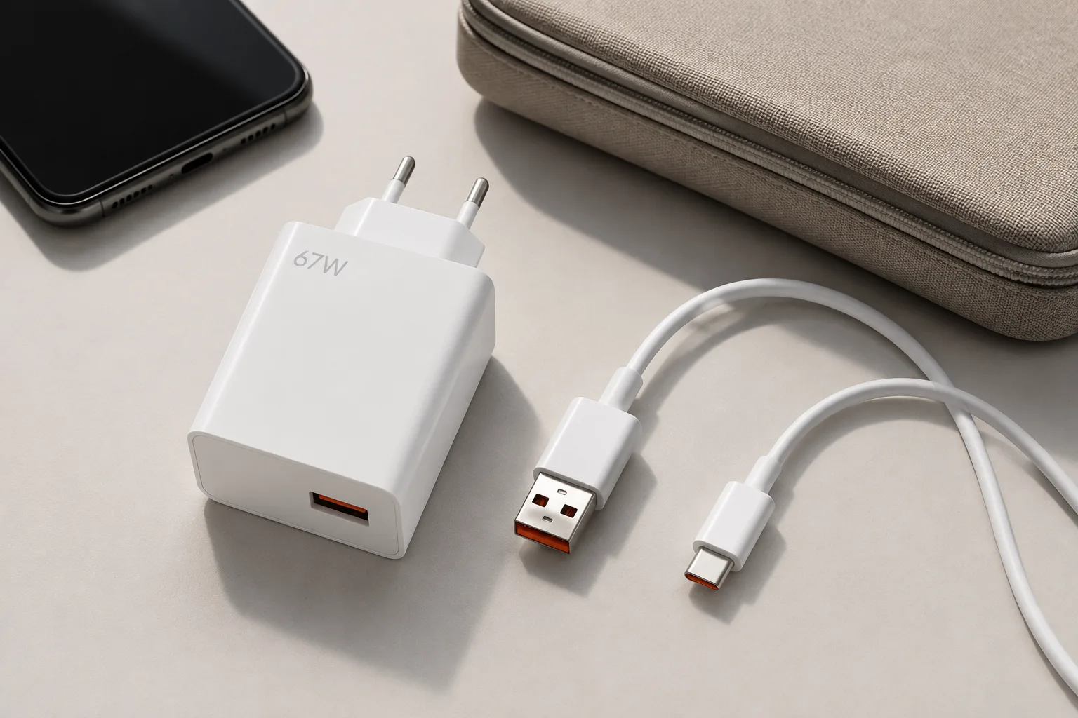 مجموعه Xiaomi 67W HyperCharge Type-A برای سفر شارژر سفید Xiaomi 67W و کابل USB-A به USB-C کنار گوشی و کیف سفر