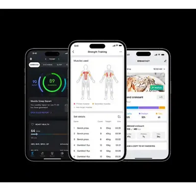نمای اپ سلامت و تمرین Amazfit Active 2 سه صفحه اپ Amazfit Active 2 برای گزارش سلامت، تمرین قدرتی و ثبت وعده غذایی